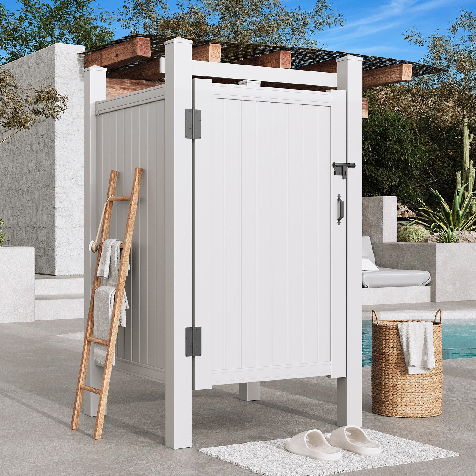 HOMREST 80.75"H x 45.75"W x 45.75"L White PVC Outdoor Shower Enclosure with Door, Weatherproof Privacy Stall for Pool & Beach, Durable Vinyl Construction（Flat-panel）