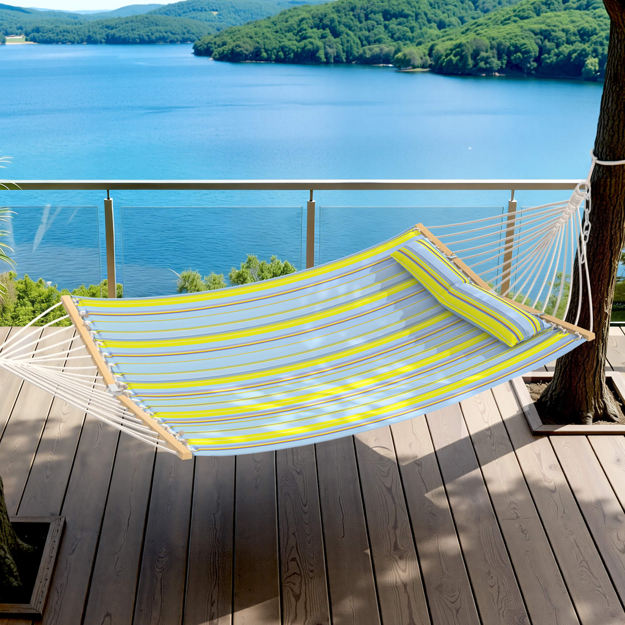 HOMREST Modern Portable Hammock, Outdoor Rope Hammock for Backyard, Beach & Camping, Green Stripes