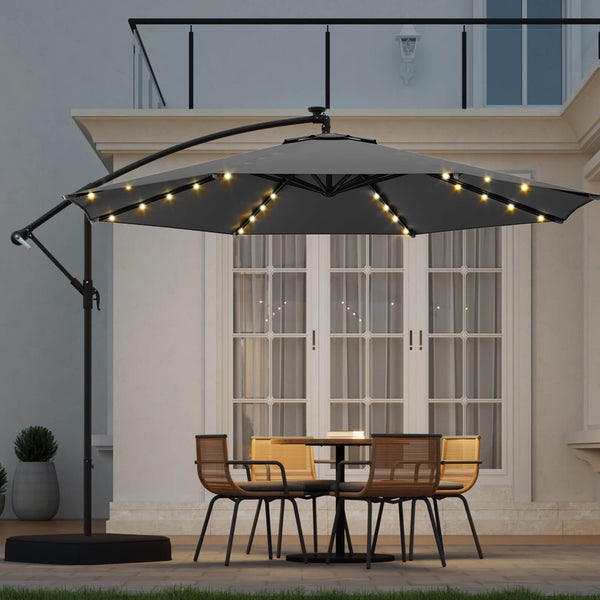 Homrest 10ft Solar Lighted Patio Umbrella with Base, Outdoor Cantilever Umbrella, Infinite Tilt,Grey