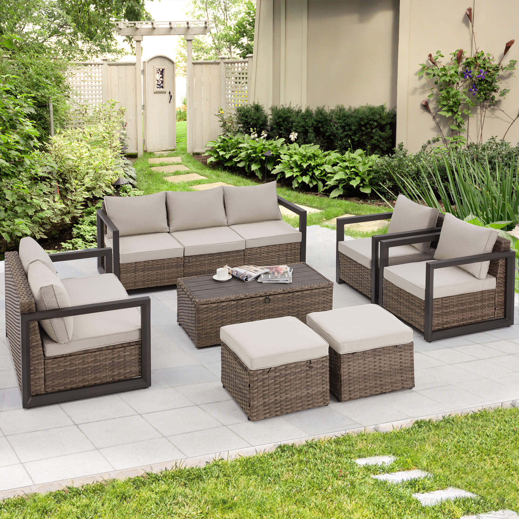 HOMREST 7 Pieces Aluminum Patio Furniture Set, PE Rattan Sectional Sofa Set with Storage Table, Modern Patio Conversation Sets w/ 2 Ottomans, Beige