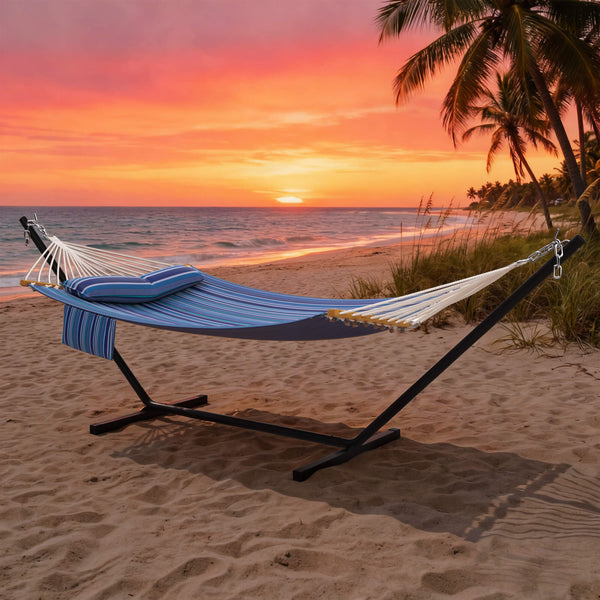 HOMREST Modern Rope Hammock with Stand, Portable Outdoor Hammock for Backyard, Beach & Camping, Blue Stripes