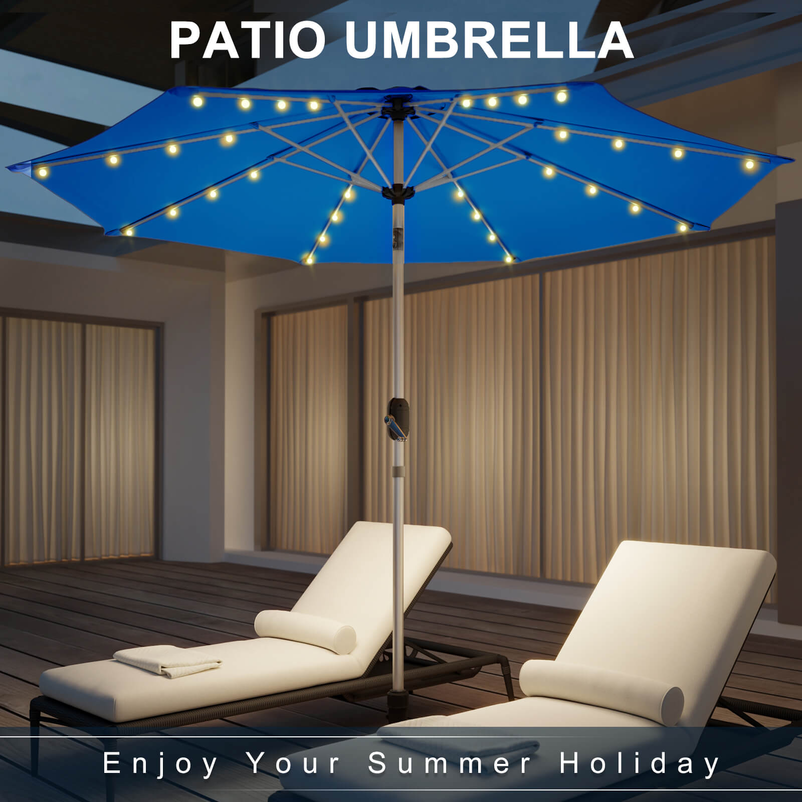 Homrest 9FT Solar Patio Umbrella, Fade-Resistant Outdoor Market Umbrella with Tilt, 8 Aluminum Ribs for Gardens,Royal Blue