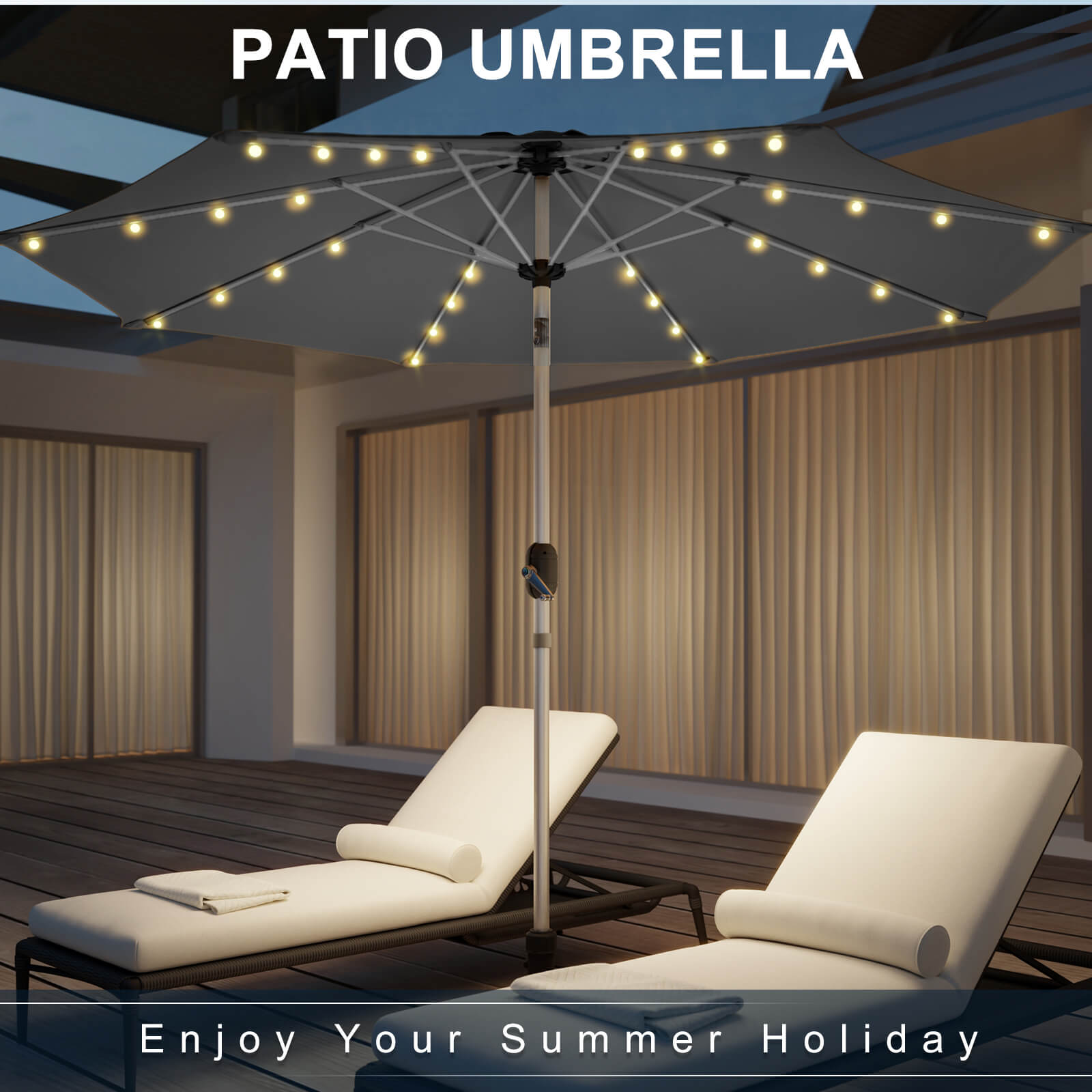 Homrest 10FT Solar Lighted Patio Umbrella, Fade-Resistant Outdoor Umbrella with Tilt, 8 Aluminum Ribs Grey