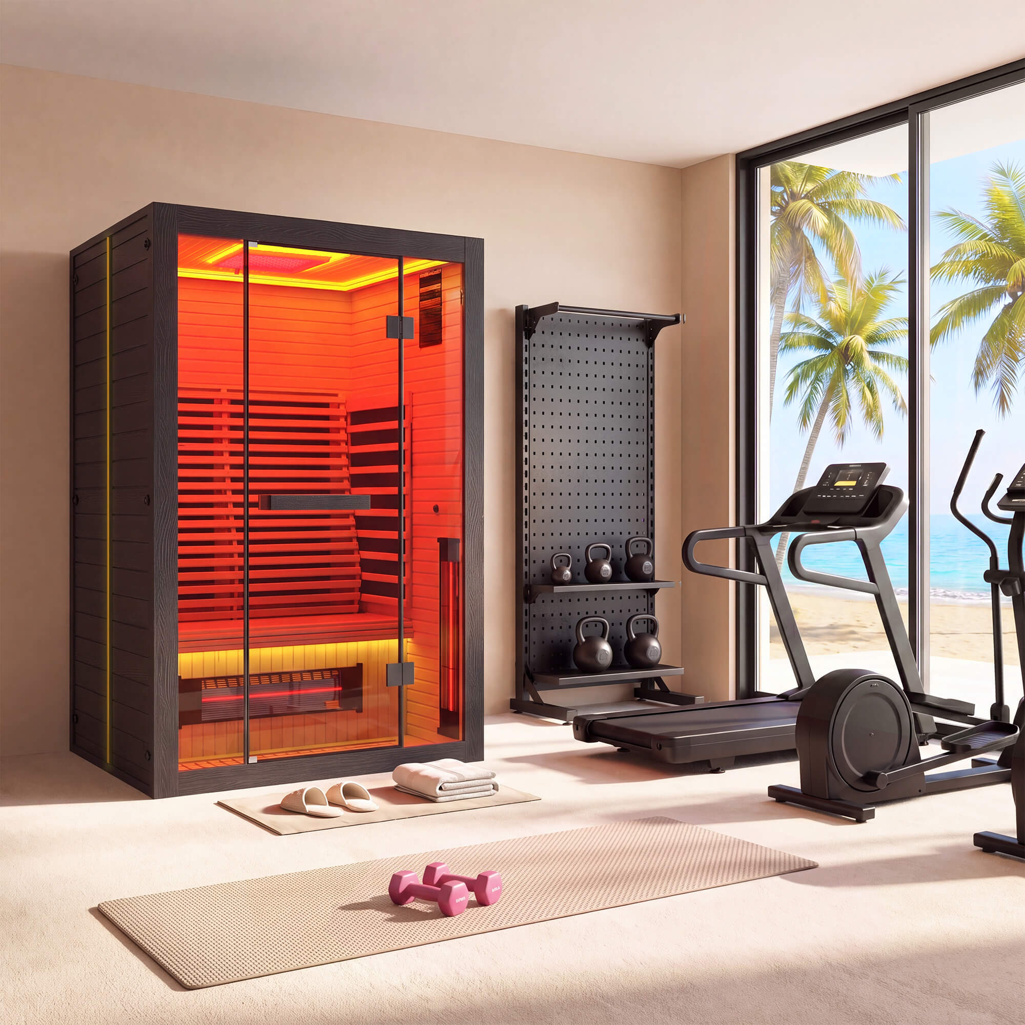 HOMREST 2 Person Infrared Sauna with Red Light Therapy, 360° Fast Heating, 7-Color LED & Bluetooth, Adjustable Seat, Black