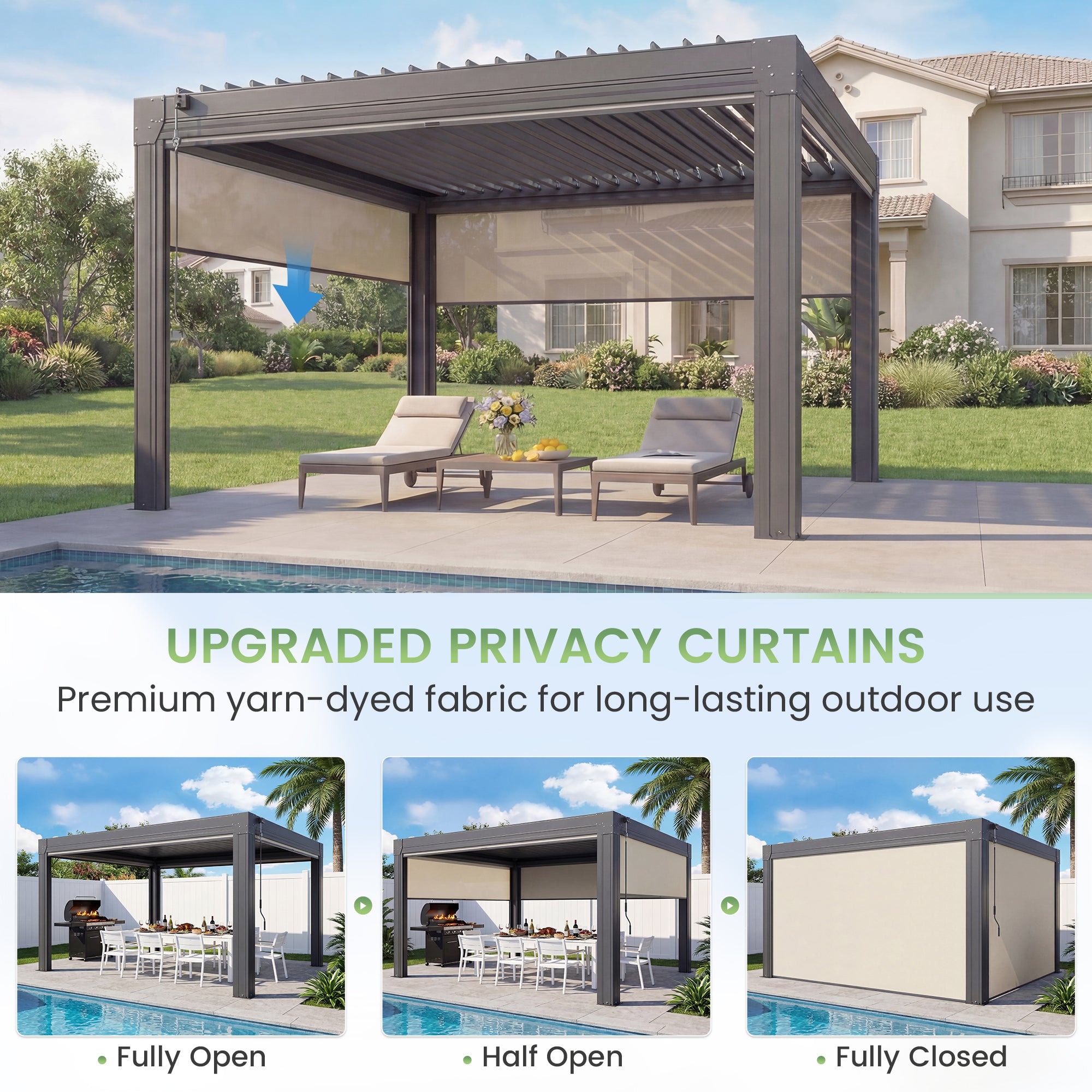 HOMREST 12' x 12' Louvered Pergola with Pull-Down Screens, Aluminum Outdoor Pergola with Retractable Roof for Patios, Decks & Backyards, Black