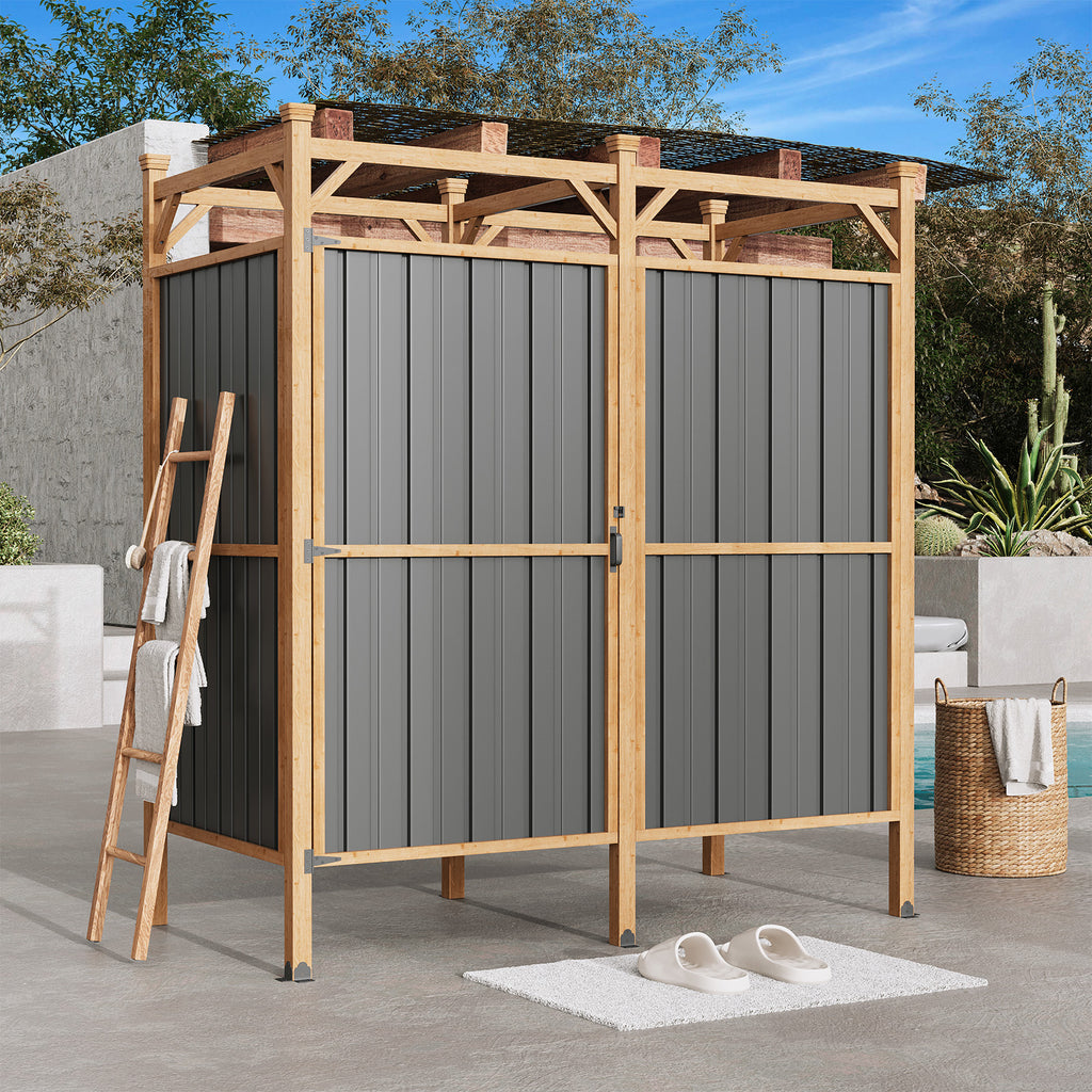 HOMREST Outdoor Shower Enclosure with Lockable Door, Weatherproof Outdoor Shower Stall with Metal Panels, Hooks & Shelves - Perfect for Pool Wash Station, Backyard & Beach Rinse Area Large Version