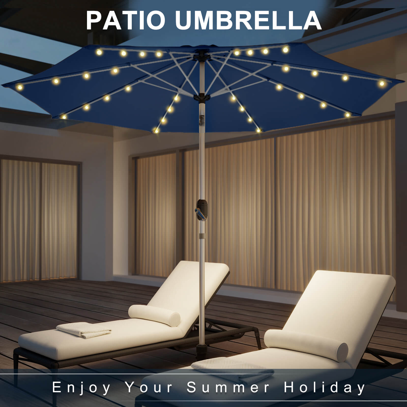 Homrest 10FT Solar Lighted Patio Umbrella, Fade-Resistant Outdoor Umbrella with Tilt, 8 Aluminum Ribs Navy Blue