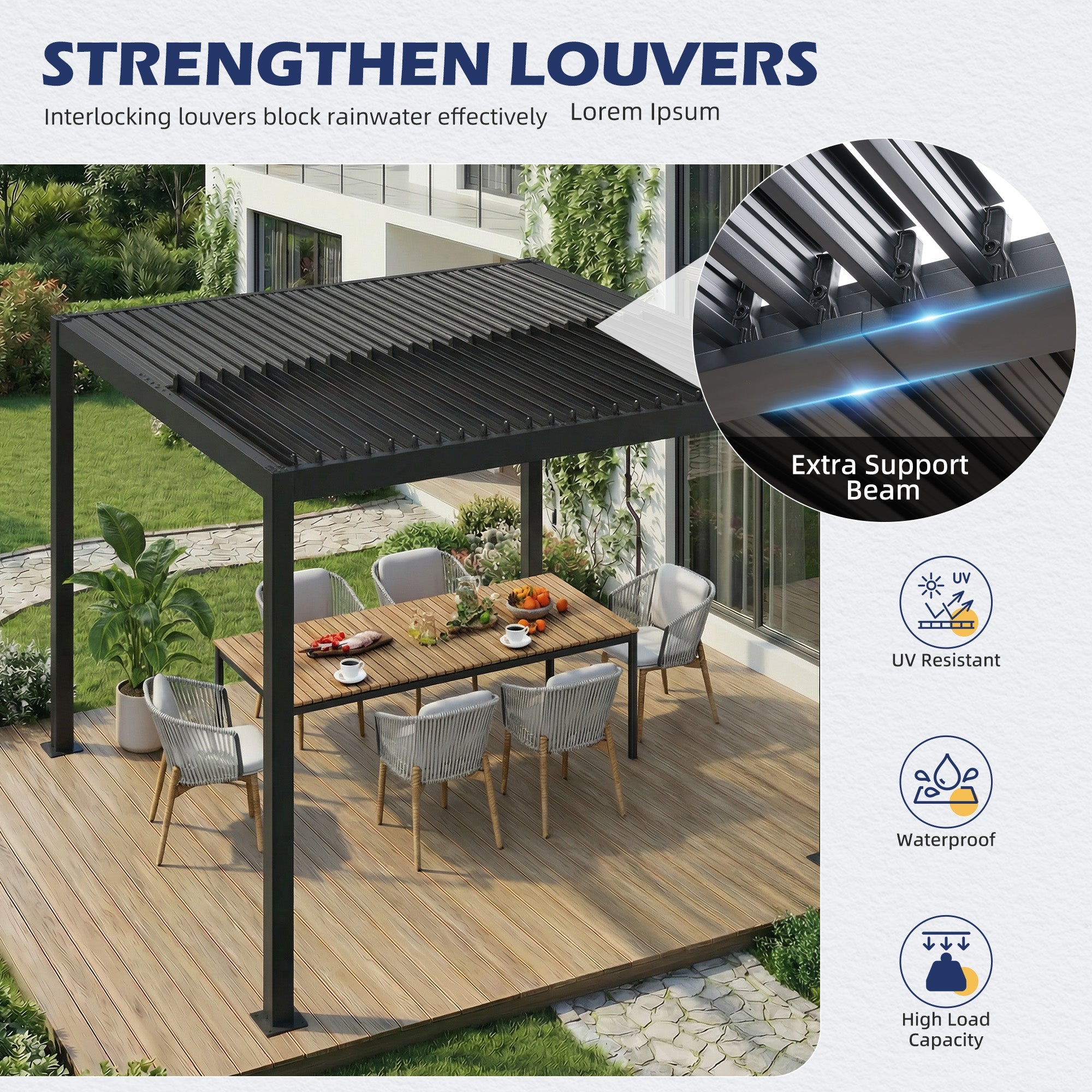 HOMREST 10' x 10' Outdoor Pergola with Adjustable Louvered Roof & Integrated Drainage, Heavy-Duty Metal Louvered Pergola for Patios, Black