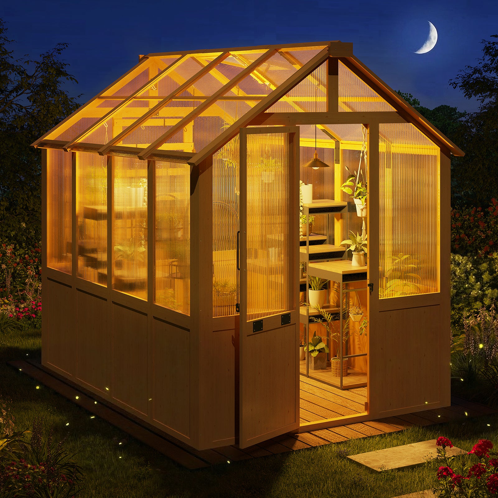 HOMREST 6x8 FT Wooden Greenhouse for Outdoors, Walk-in Greenhouse Kit with 4mm Polycarbonate Panels, Adjustable Roof Vent, Lockable Door, Outdoor Greenhouse for Backyard Garden