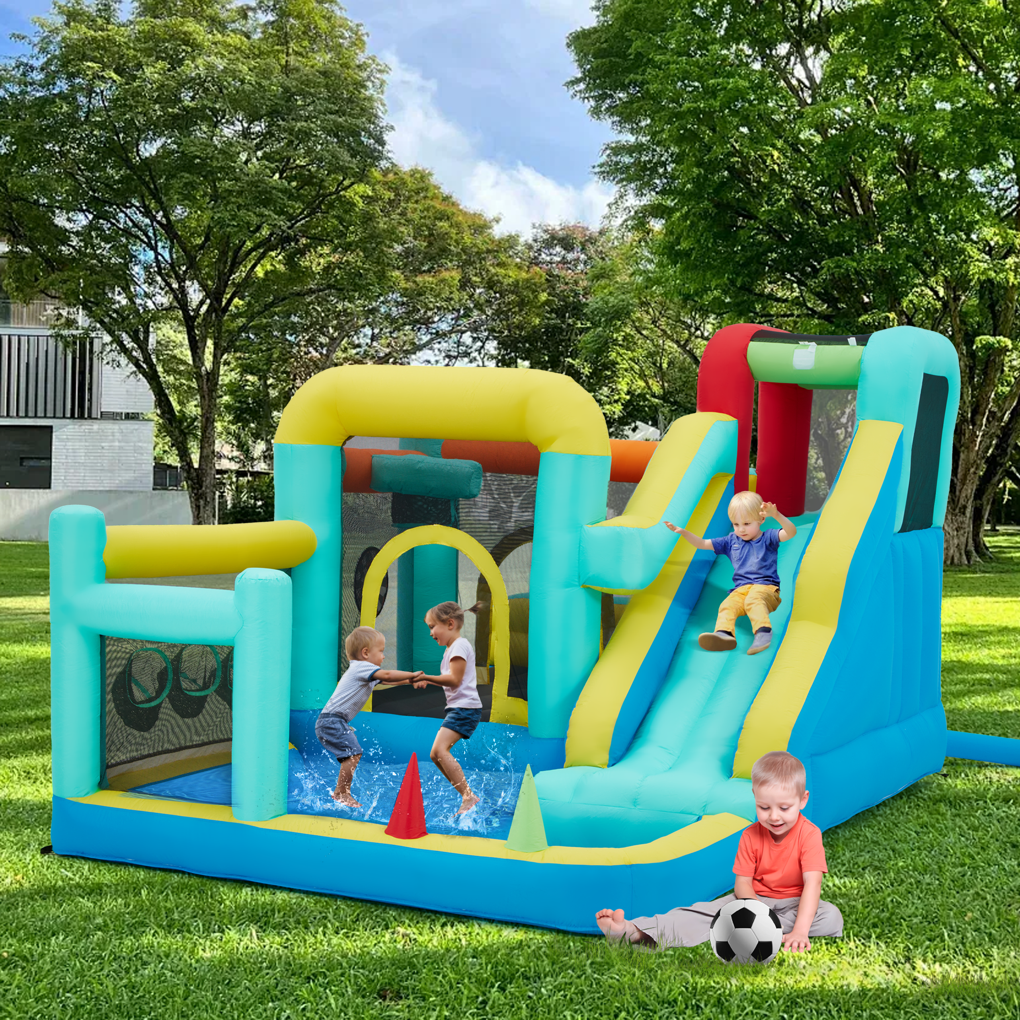 Homrest Inflatable Trampoline Bouncy House with Blower, Jumping Castle with Water Slides for Kids Backyard,  Heavy Duty 840D Oxford Cloth Water Slide Outdoor Sports Dartboard Game for Kids 3-6