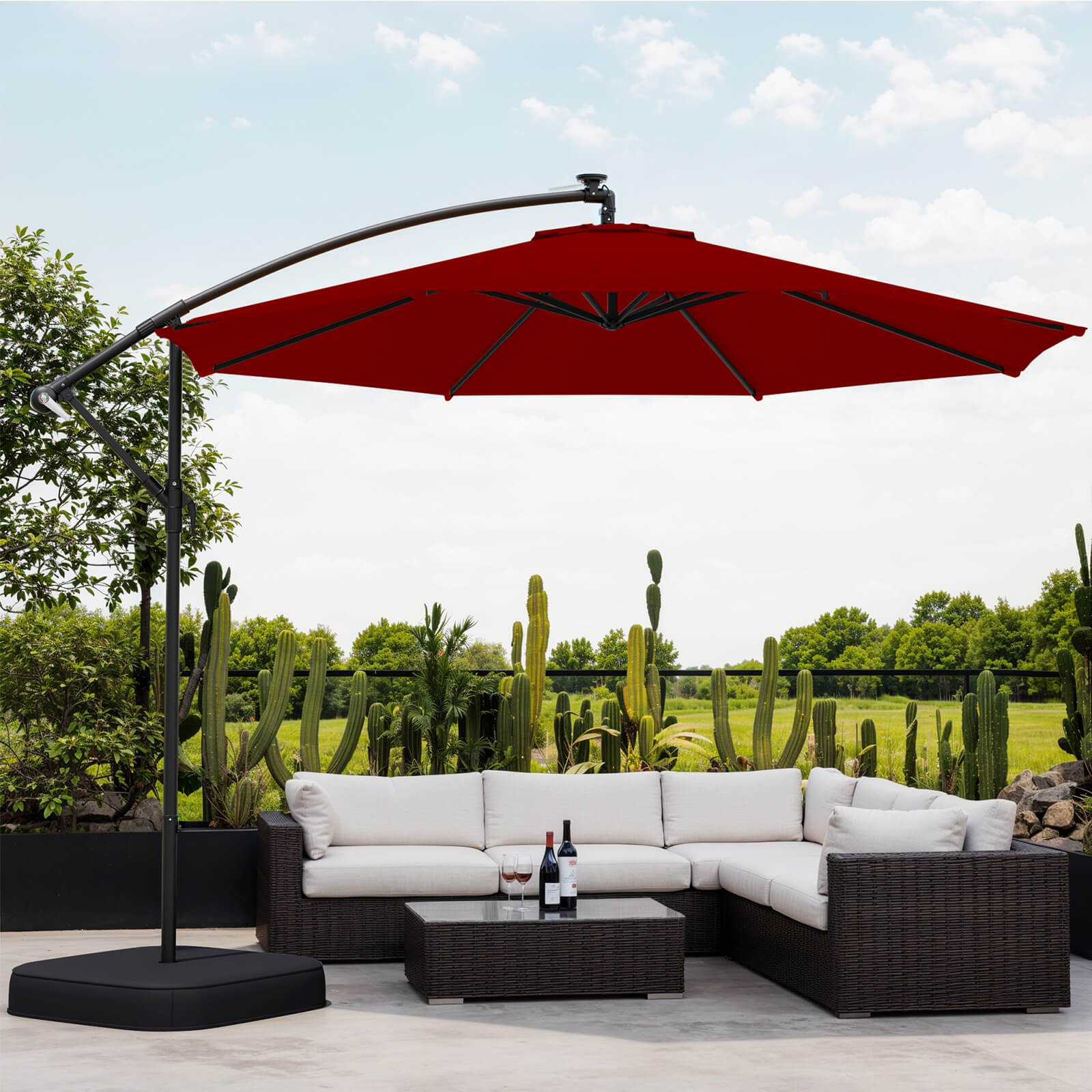 Homrest 10ft Patio Umbrella with Base, Outdoor Offset Cantilever Umbrella, Infinite Tilt, Burgundy