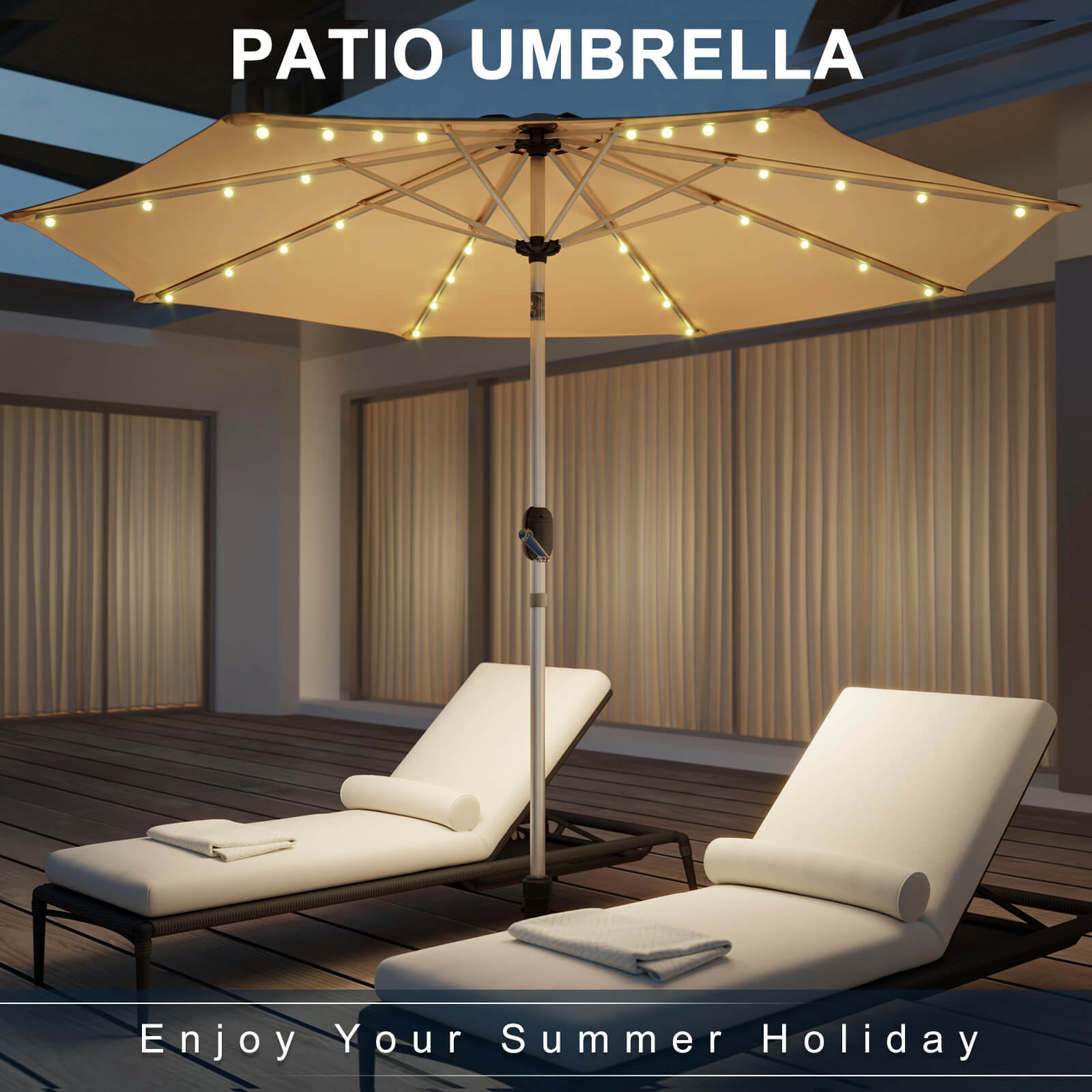 Homrest 10FT Solar Lighted Patio Umbrella, Fade-Resistant Outdoor Umbrella with Tilt, 8 Aluminum Ribs Beige