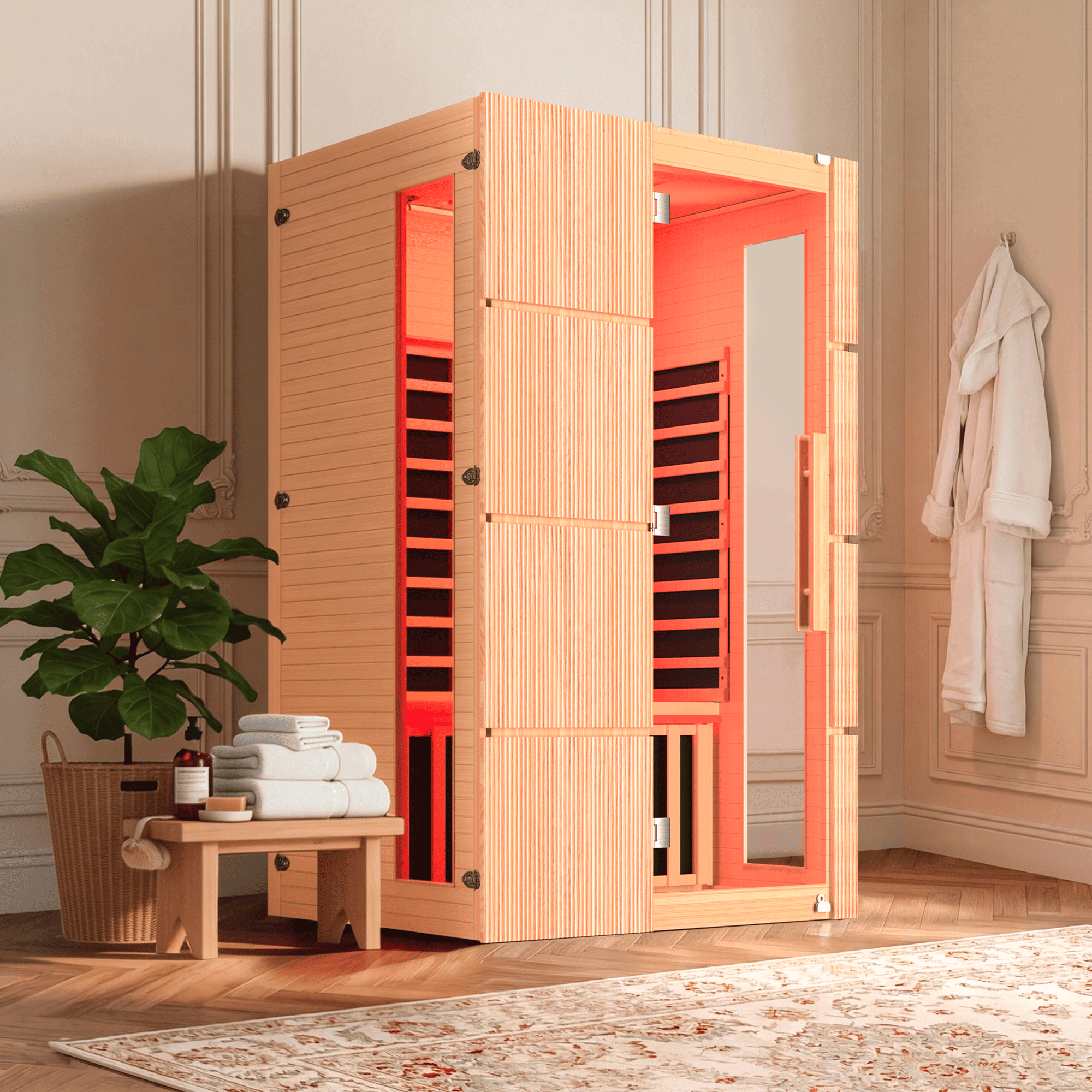 HOMREST 2-Person Indoor Infrared Sauna for Home, Far Infrared Sauna with Red Light Therapy, Chromotherapy Lighting, 6 Carbon Heaters & Bluetooth Speaker, Natural Wood
