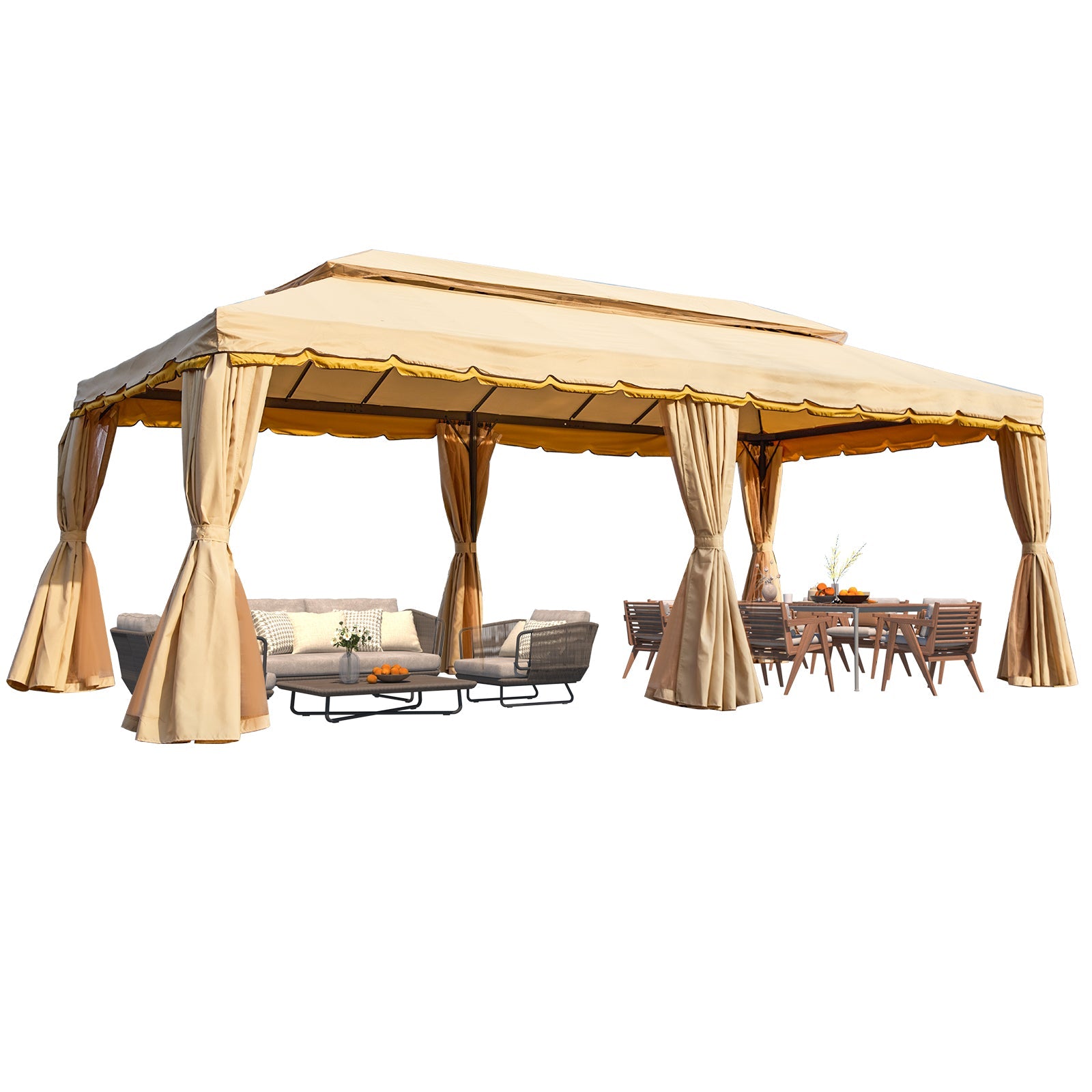 Homrest 10x20 Outdoor Canopy Gazebo with Netting and Shade Curtains, Beige