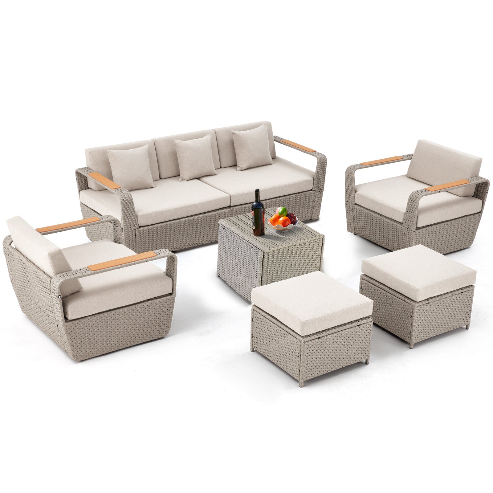 Homrest 6 Pcs Patio Furniture Set with Thick Cushion and Coffee Table, Light Gray