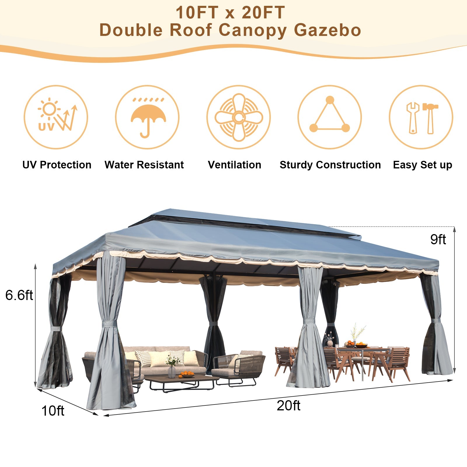 Homrest 10x20 Outdoor Canopy Gazebo with Netting and Shade Curtains, Grey