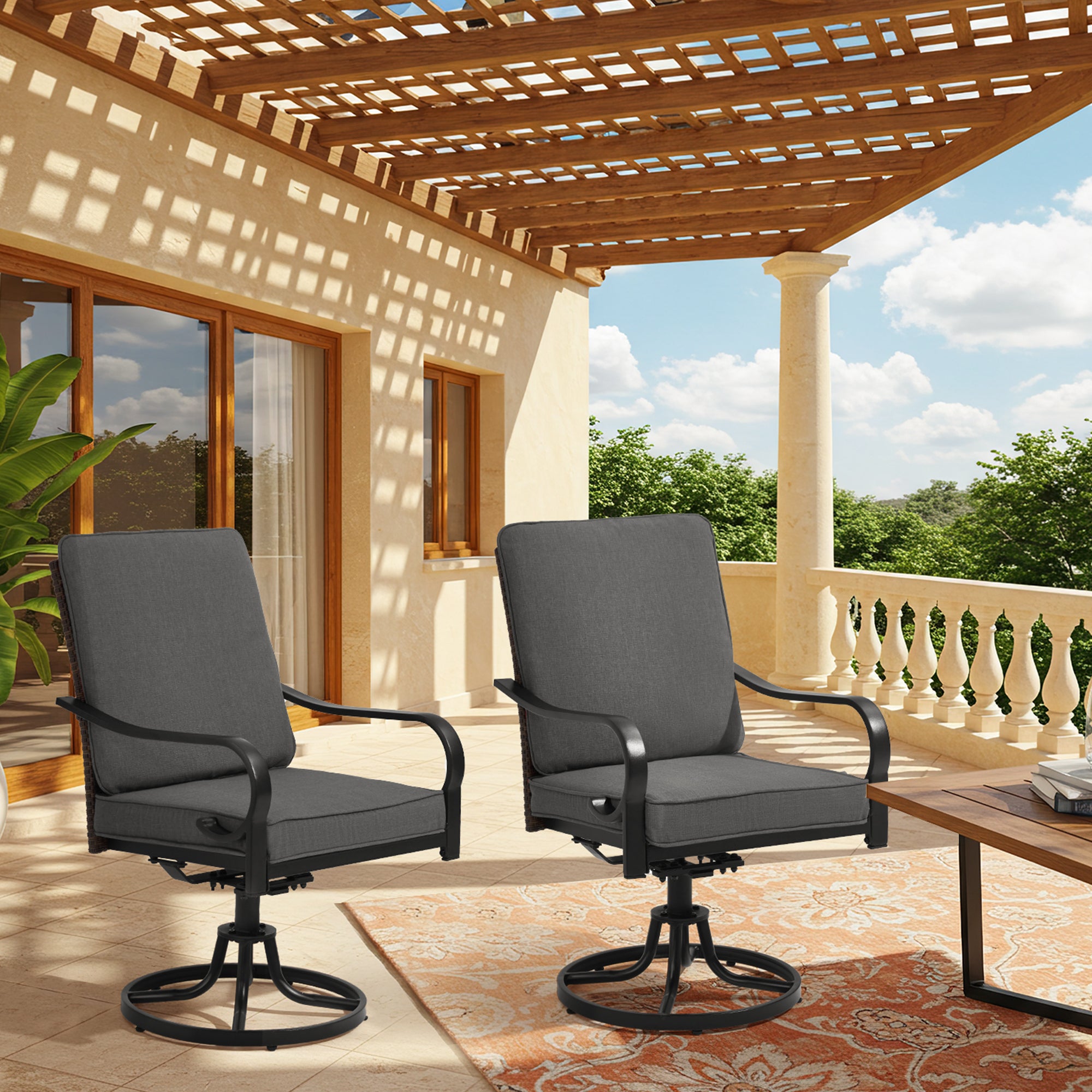 HOMREST Patio Swivel Chairs Set of 2 with Full Rattan Backrest, Gray