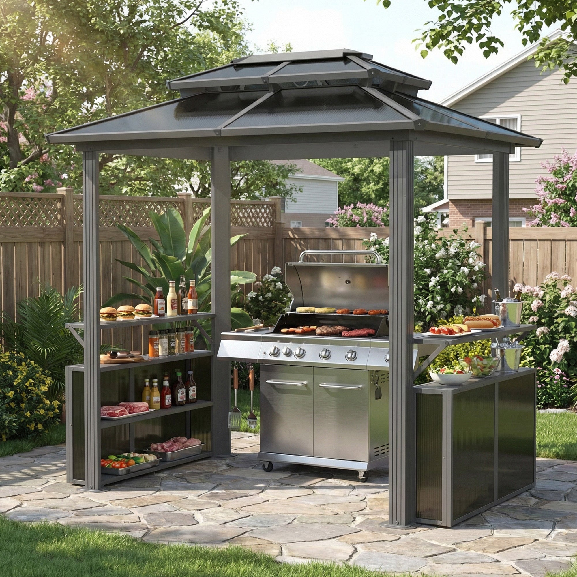 8' x 6' Hardtop Grill Gazebo, Outdoor Metal BBQ Gazebo with Storage Cabinet, Double Roof Hardtop Gazebo, Includes Ceiling Hooks, Suitable for Lawn, Courtyard and Garden