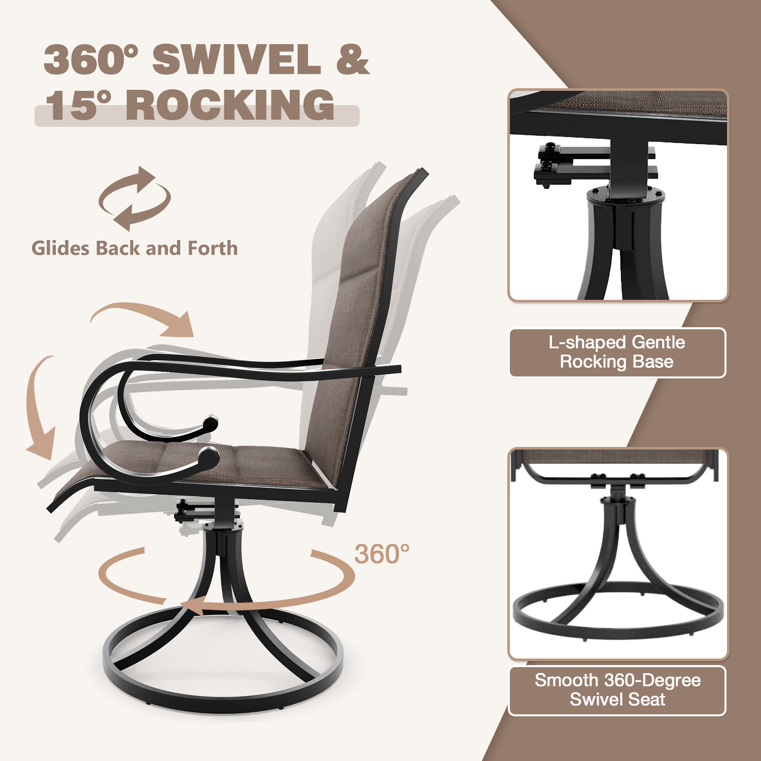 HOMREST Swivel Outdoor Chairs Set of 6, High Back Padded Textilene Patio Dining Chairs with Metal Frame, Brown