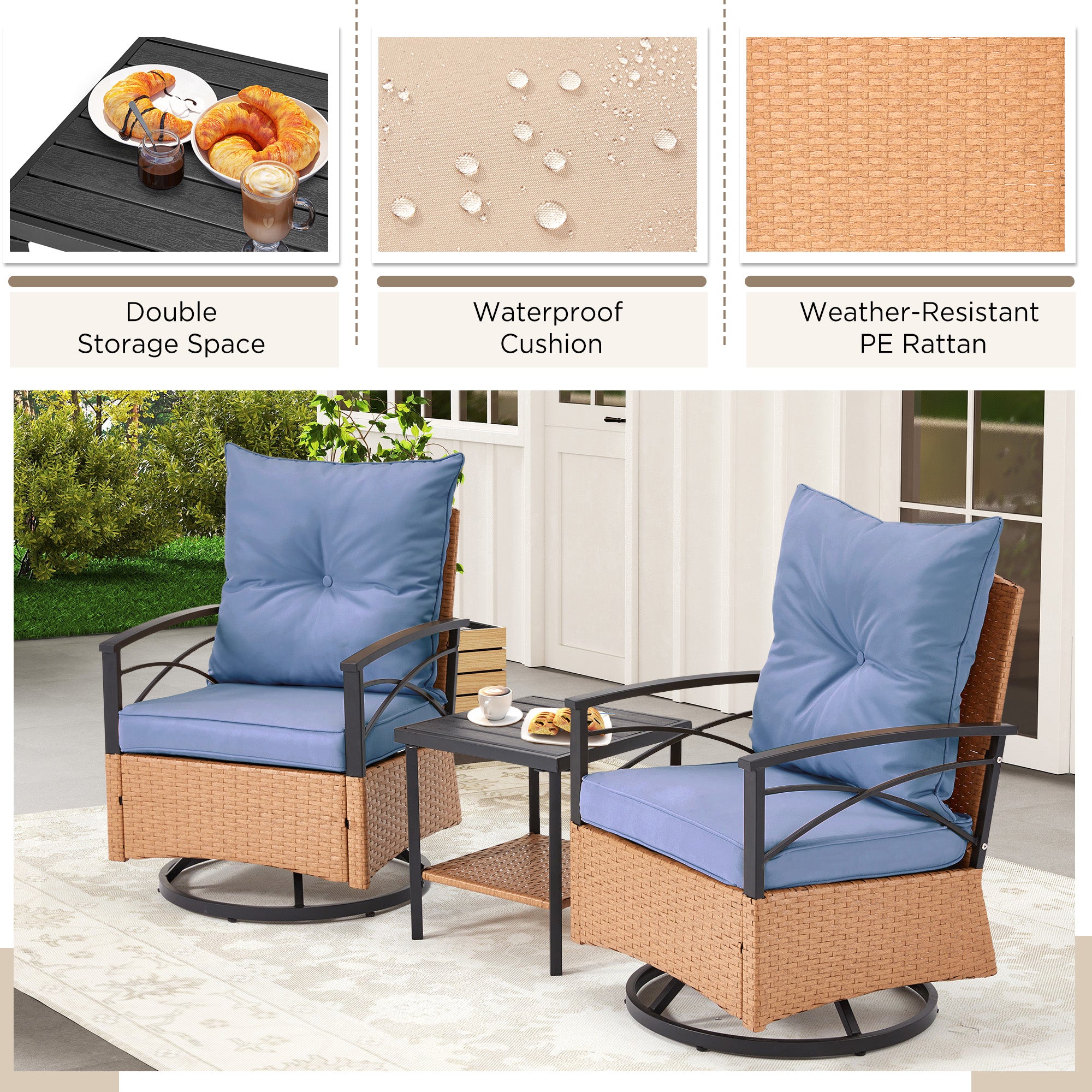 HOMREST 3-Piece Patio Swivel Rocker Set with Rattan Coffee Table, Blue