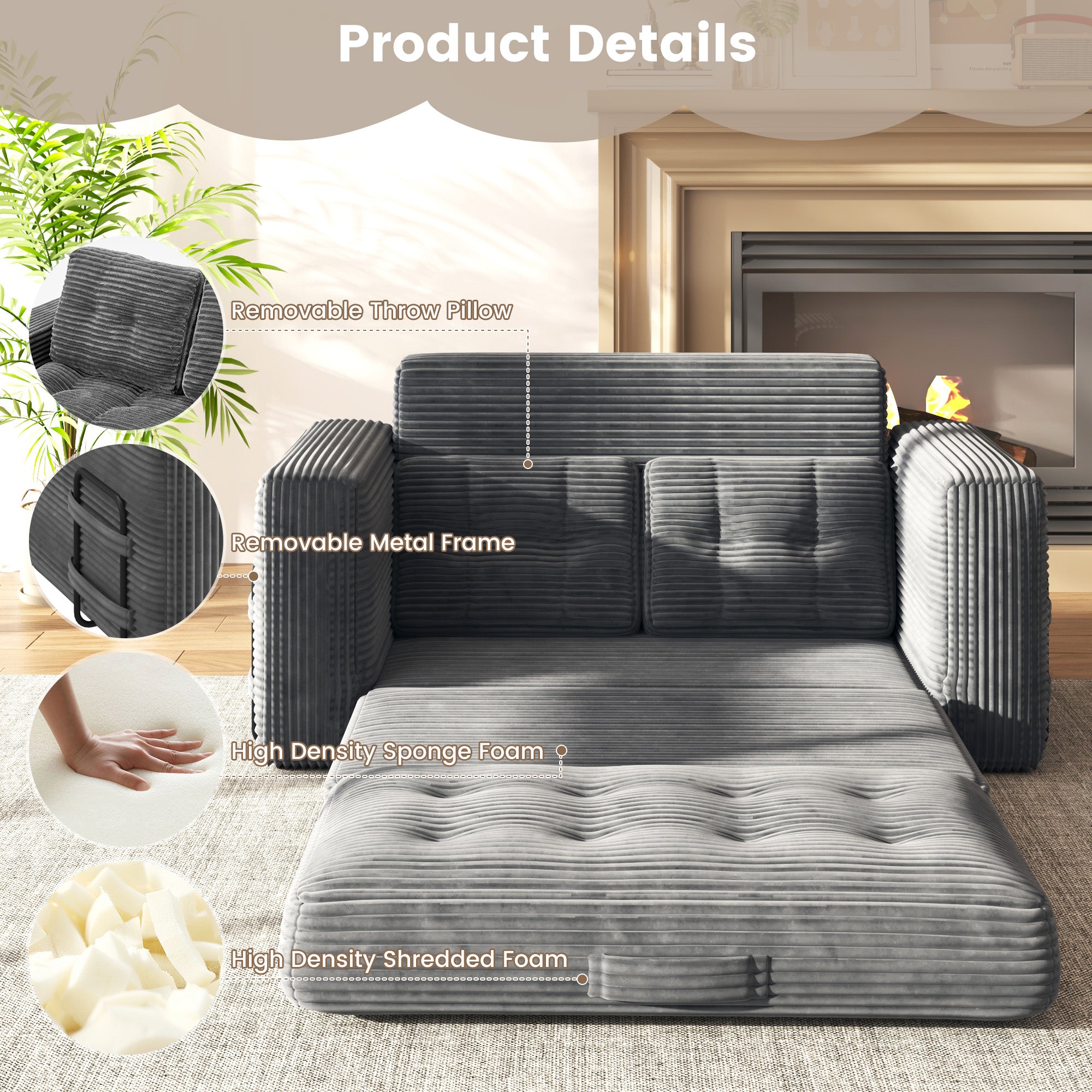 HOMREST No Assembly Needed Convertible Sofa Bed, 2 in 1 Boneless Couch Bed with 2 Pillows, Gray