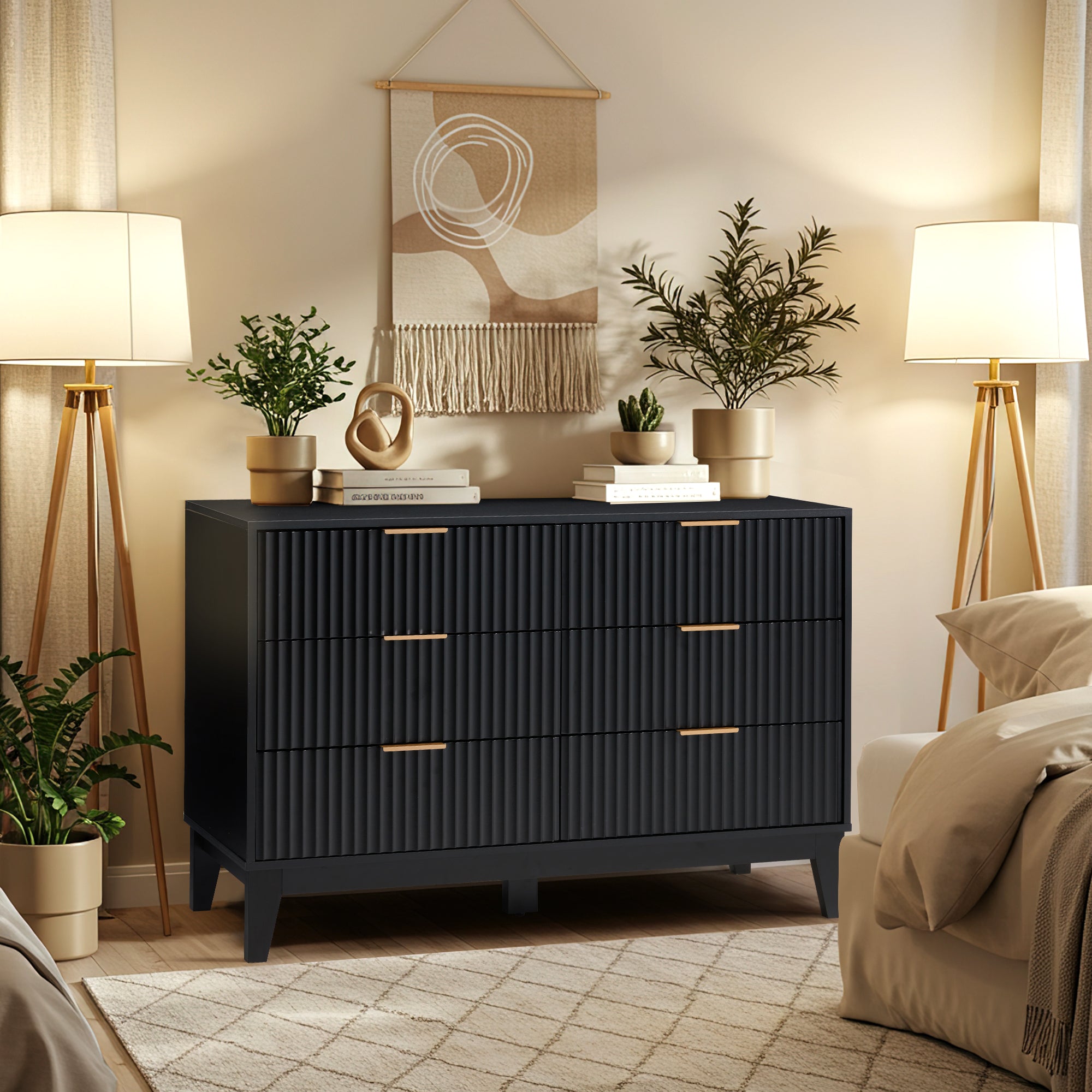 HOMREST Fluted Dresser for Bedroom, 6 Drawer Modern Dresser, Wide Modern Chest of Drawers with Metal Handle, Mid Century Modern Dresser, Black