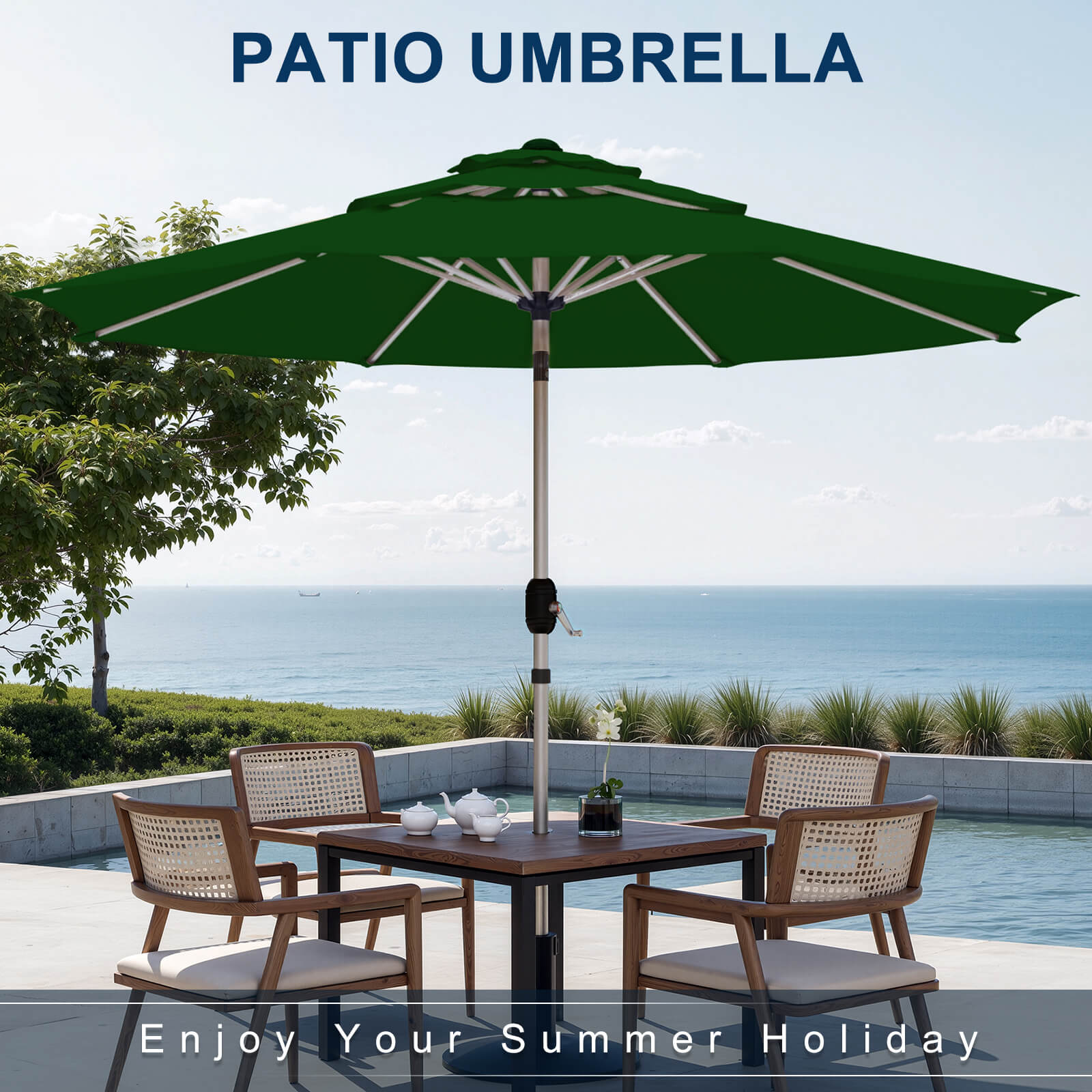 HOMREST 10FT 3-Tier Aluminum Outdoor Patio Umbrella with Push Button Tilt Function, Green