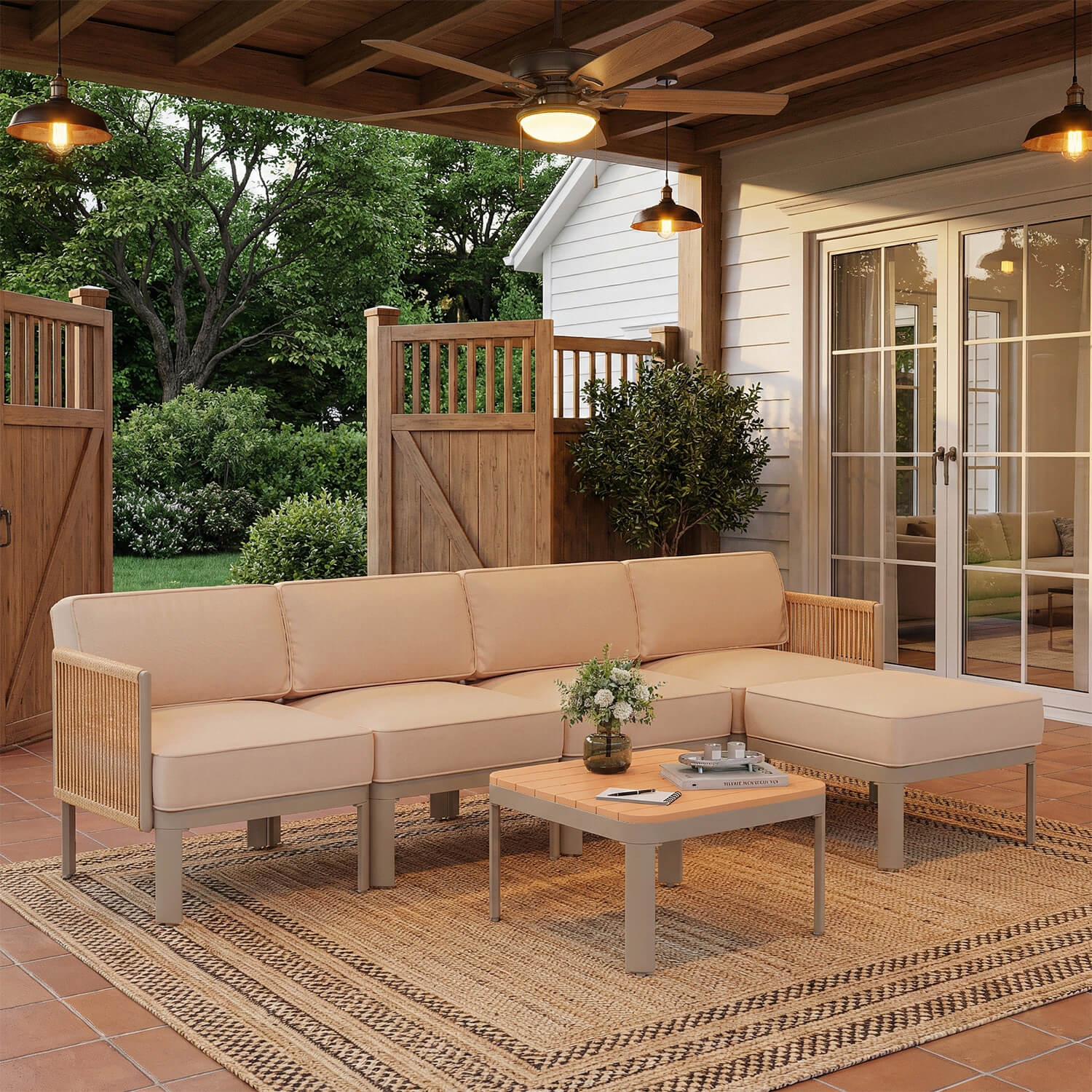 HOMREST 6-Piece Aluminum Outdoor Sectional Sofa Set with Ottoman, Cushions & Coffee Table, Beige