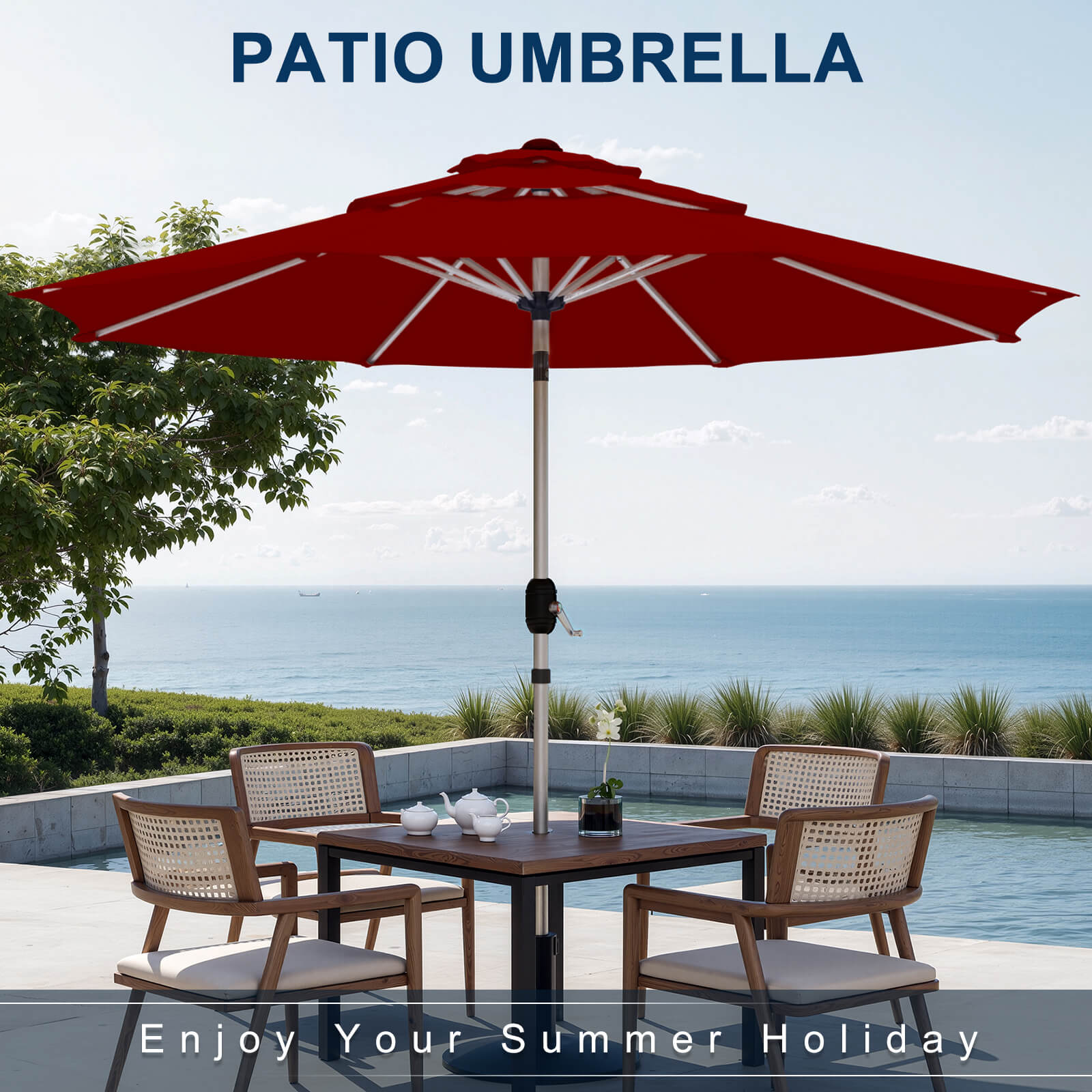 HOMREST 10FT 3-Tier Aluminum Outdoor Patio Umbrella with Push Button Tilt Function, Burgundy