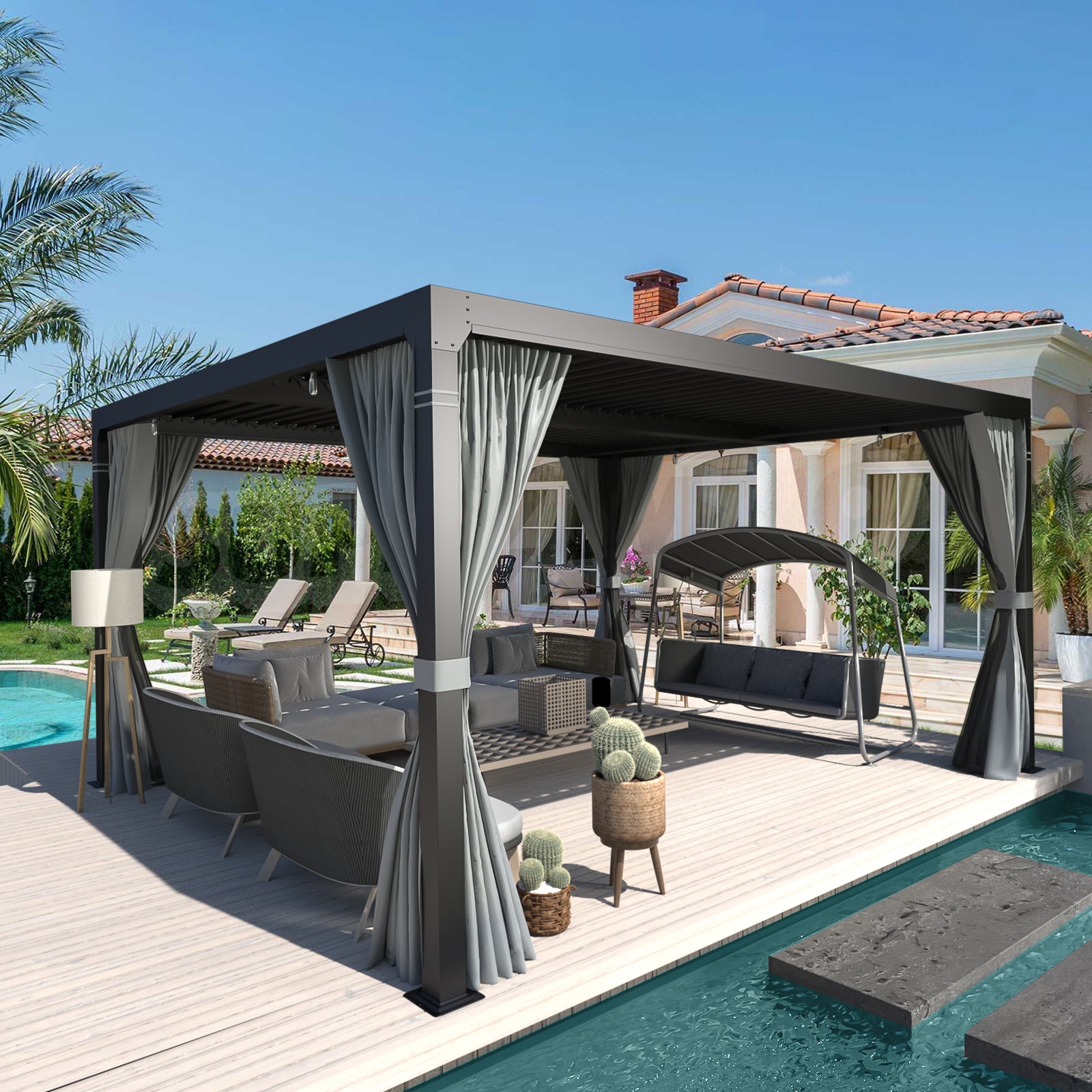 HOMREST Louvered Pergola 10x12 Outdoor Hard Top Pergola with Aluminum Frame and Adjustable Metal Rainproof Roof for Garden & Patio, Curtains and Netting Included, Gray-Black