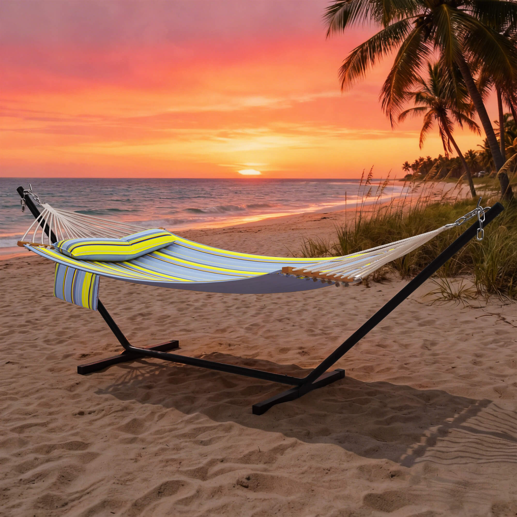 HOMREST Modern Rope Hammock with Stand, Portable Outdoor Hammock for Backyard, Beach & Camping, Green Stripes