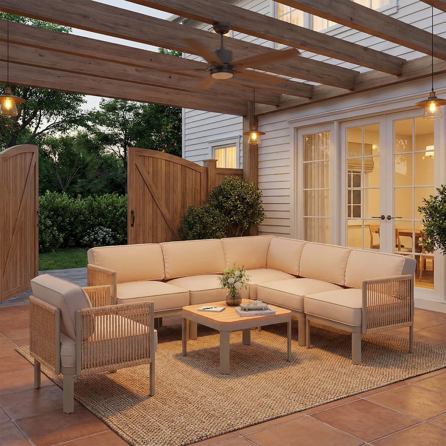 HOMREST 7 Pieces Patio Sectional Furniture Set, Aluminum Frame Outdoor Conversation Set with Single seat, 6" Thick Cushions & Coffee Table, Beige