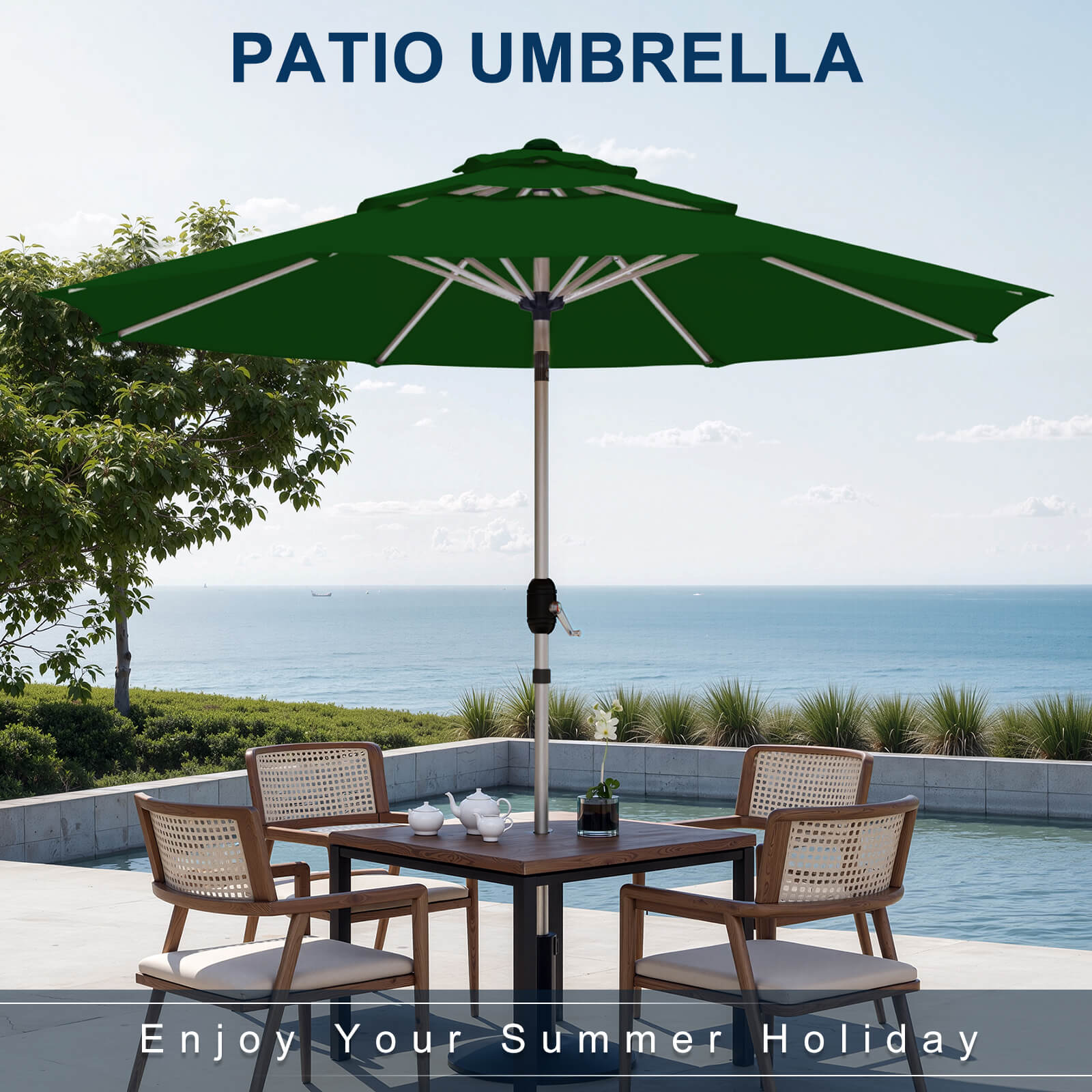 Homrest 9FT 3-Tier Aluminum Patio Umbrella, Fade-Resistant with Push Tilt, 8 Sturdy Aluminum Ribs,Green