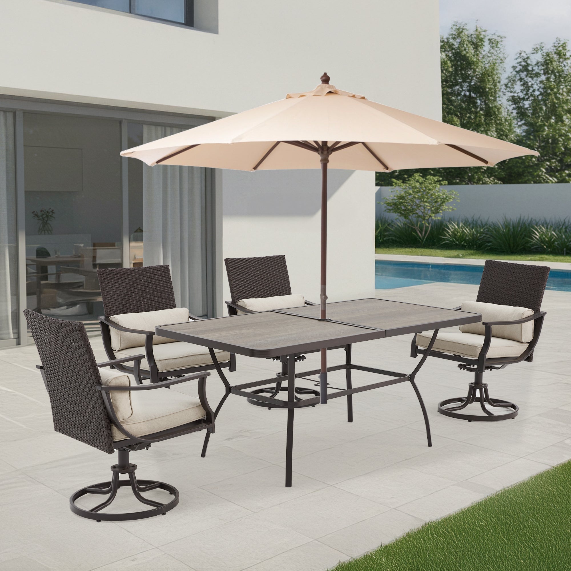 HOMREST 63 Inch Outdoor Patio Dining Table with 1.96 Inch Adjustable Umbrella Hole