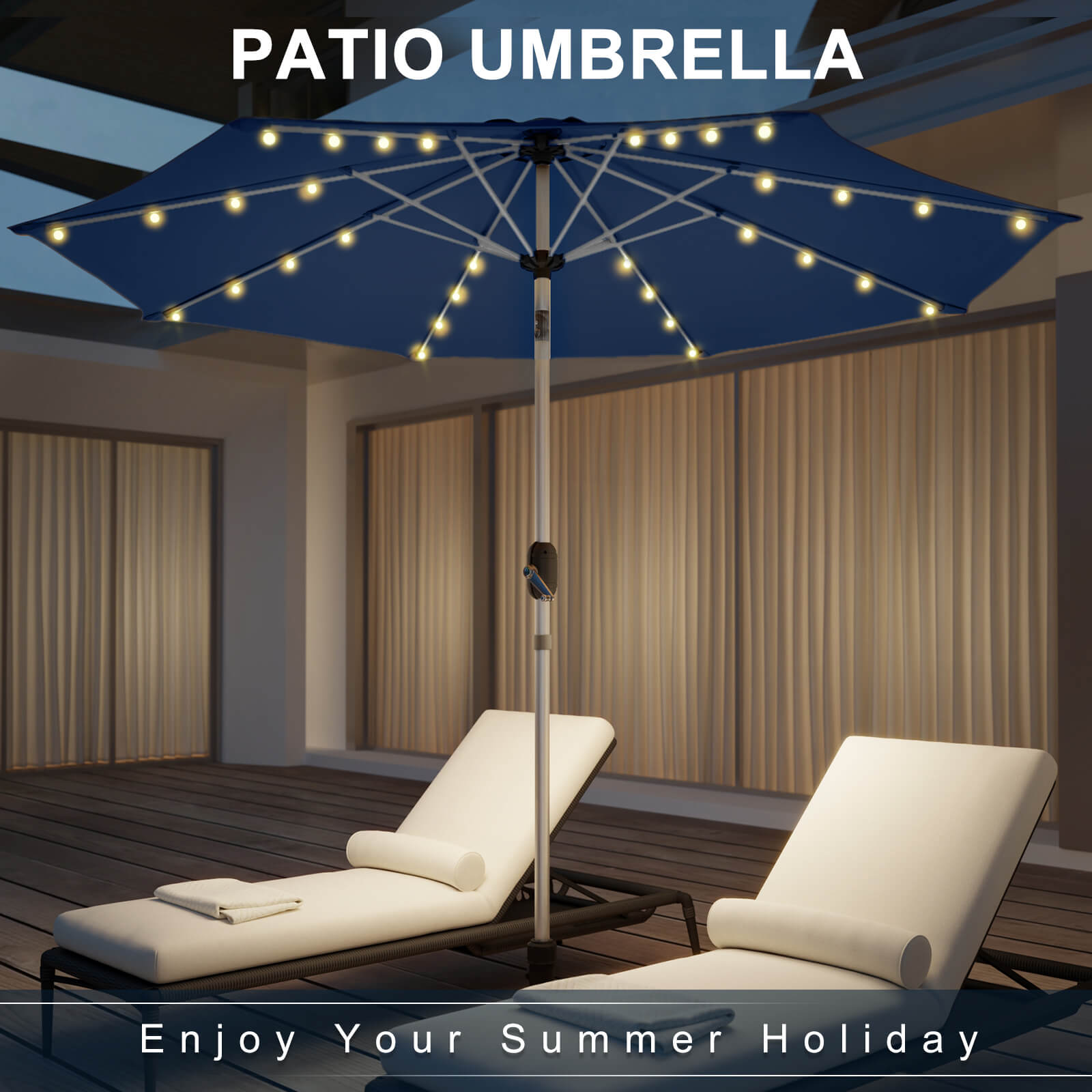 Homrest 9FT Solar Patio Umbrella, Fade-Resistant Outdoor Market Umbrella with Tilt, 8 Aluminum Ribs for Gardens,Navy Blue