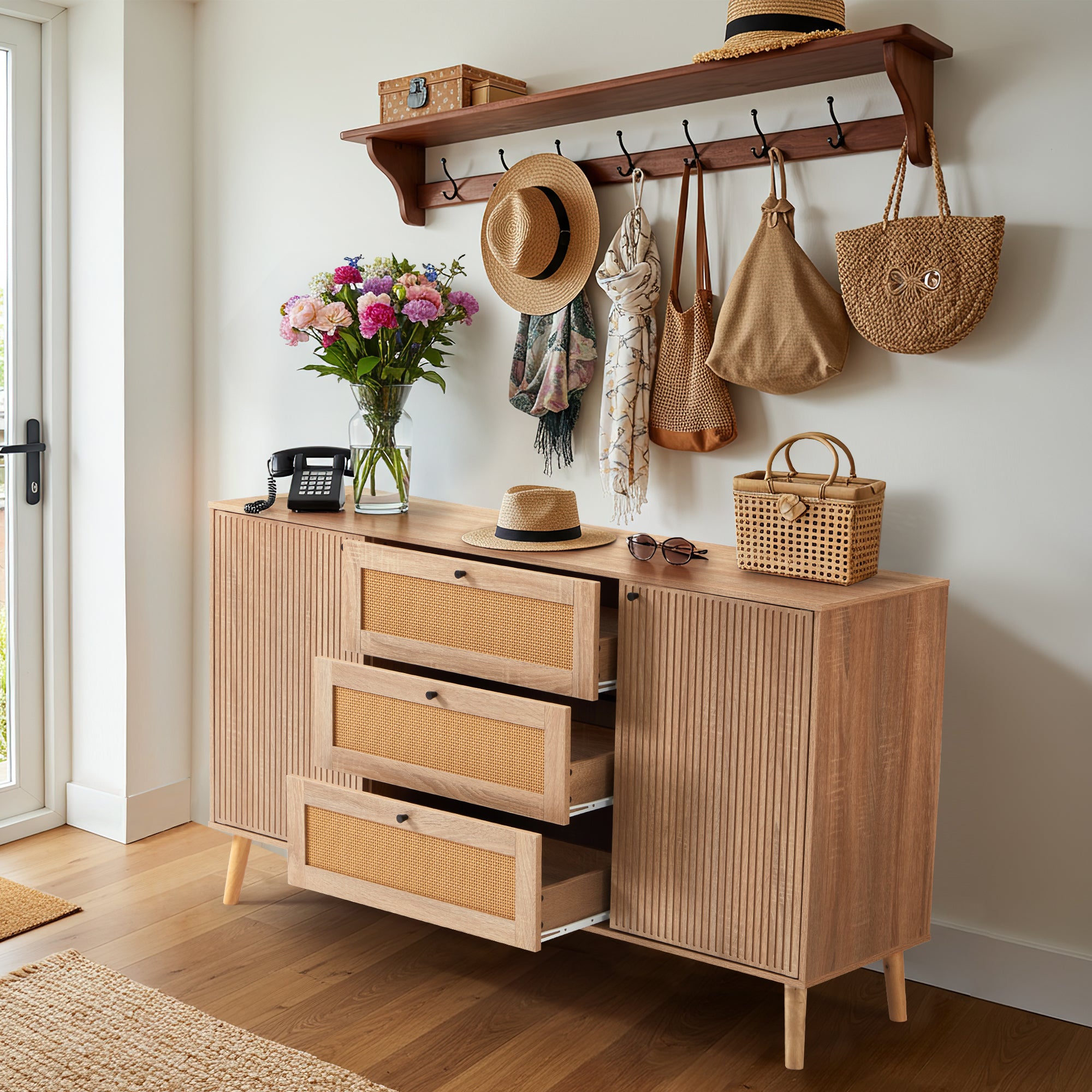 HOMREST Solid Wood Sideboard Buffet Cabinet, Mid-Century Credenza for Living Room, Entryway, Light wood