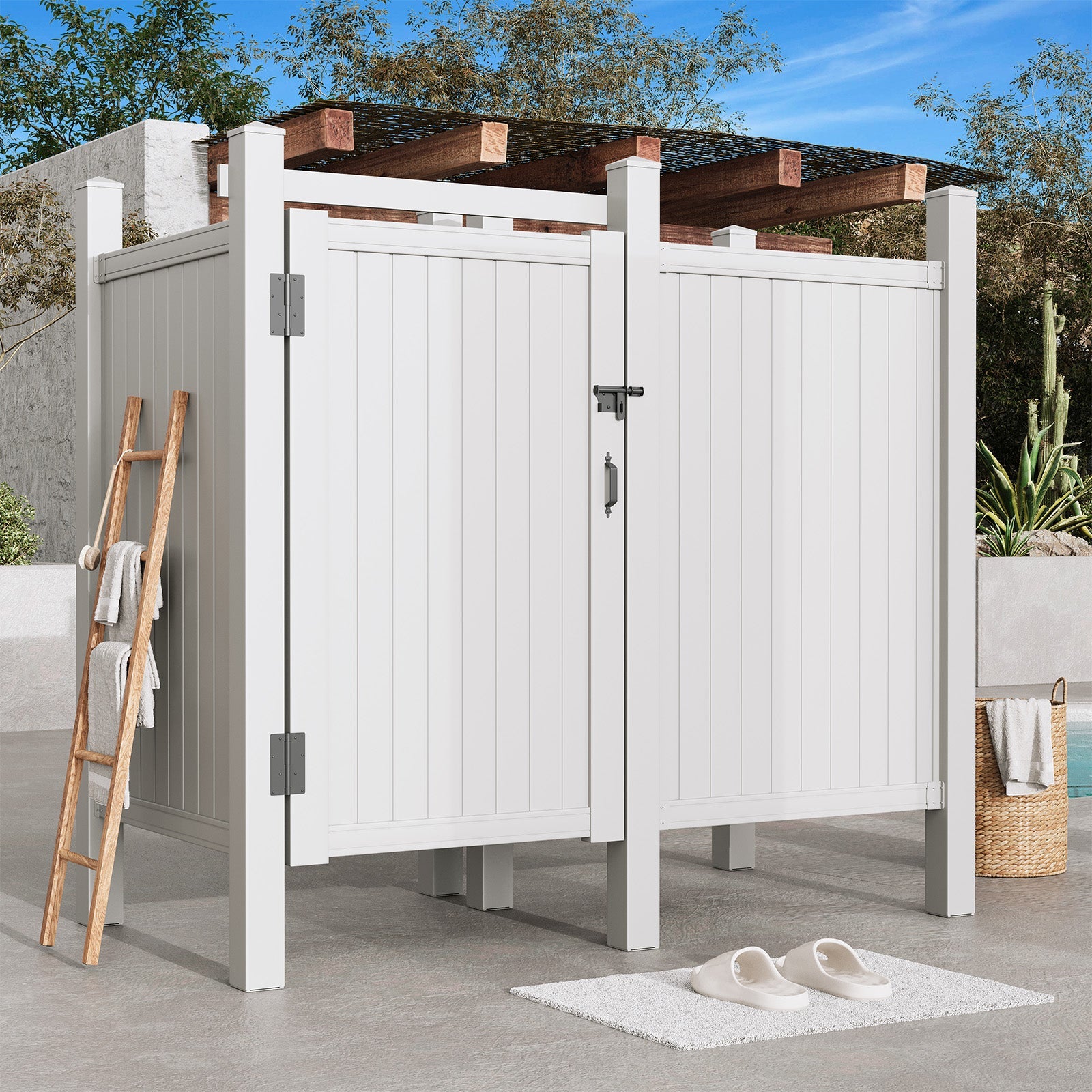 HOMREST 80"H x 80.75"W x 45.75"L White PVC Outdoor Shower Enclosure with Door, Weatherproof Privacy Stall for Pool & Beach, Durable Vinyl Construction(Flat-panel with changing room)