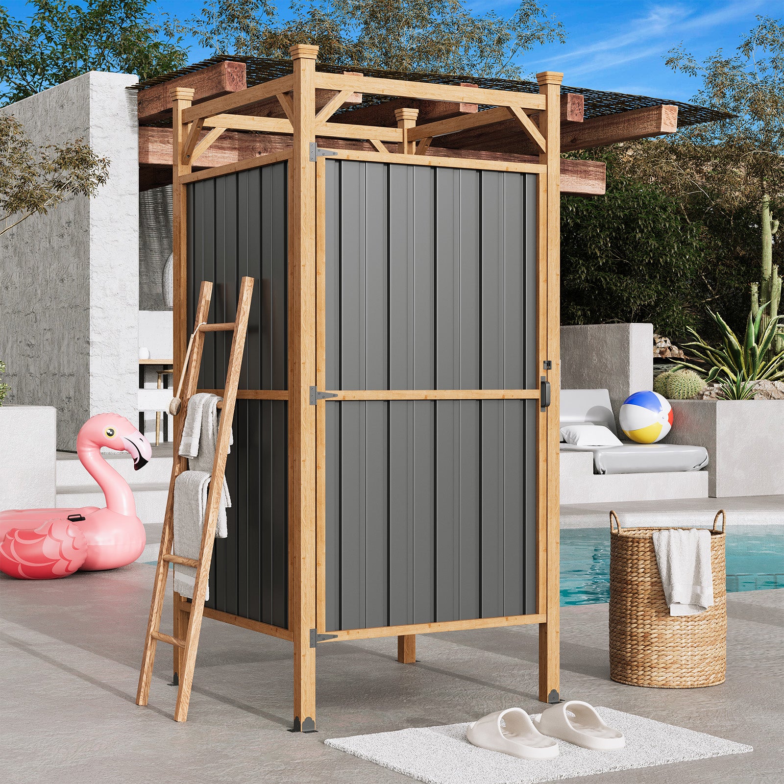 HOMREST Outdoor Shower Enclosure with Lockable Door, Weatherproof Outdoor Shower Stall with Metal Panels, Hooks & Shelves - Perfect for Pool Wash Station, Backyard & Beach Rinse Area Small Version