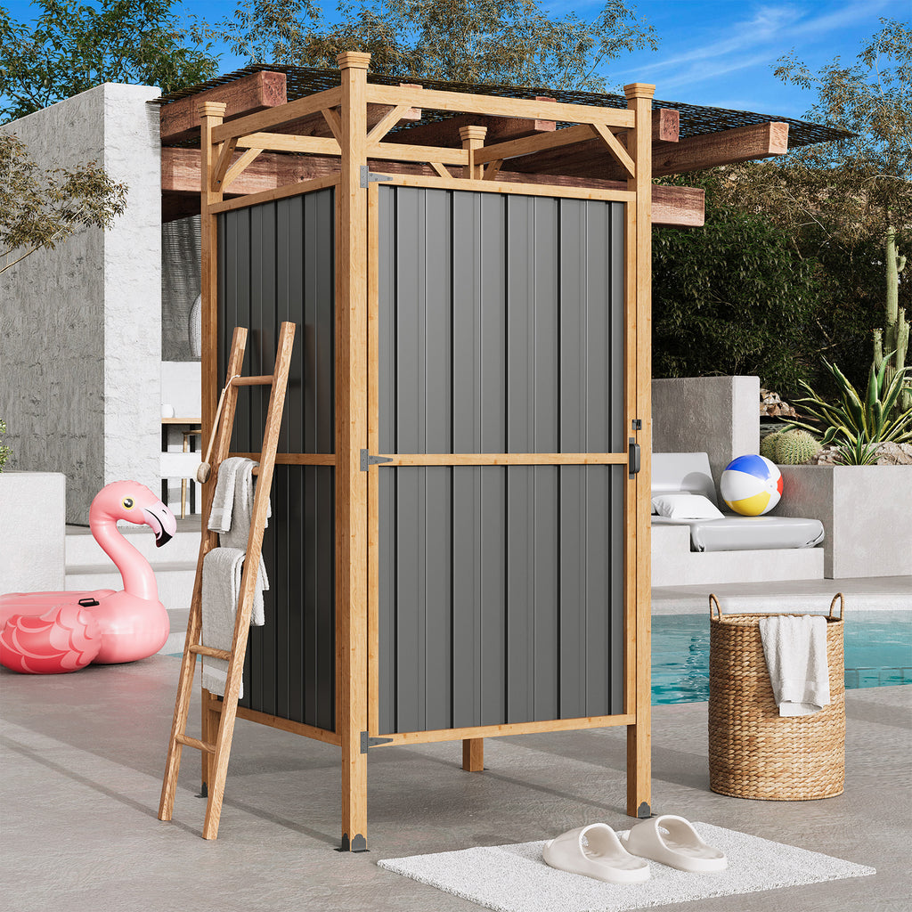 HOMREST Outdoor Shower Enclosure with Lockable Door, Weatherproof Outdoor Shower Stall with Metal Panels, Hooks & Shelves - Perfect for Pool Wash Station, Backyard & Beach Rinse Area Small Version