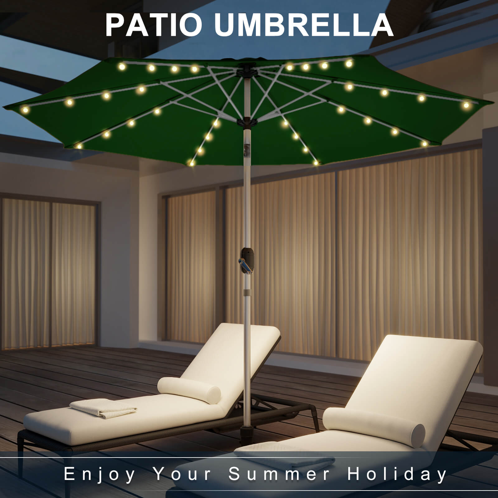 Homrest 10FT Solar Lighted Patio Umbrella, Fade-Resistant Outdoor Umbrella with Tilt, 8 Aluminum Ribs Green