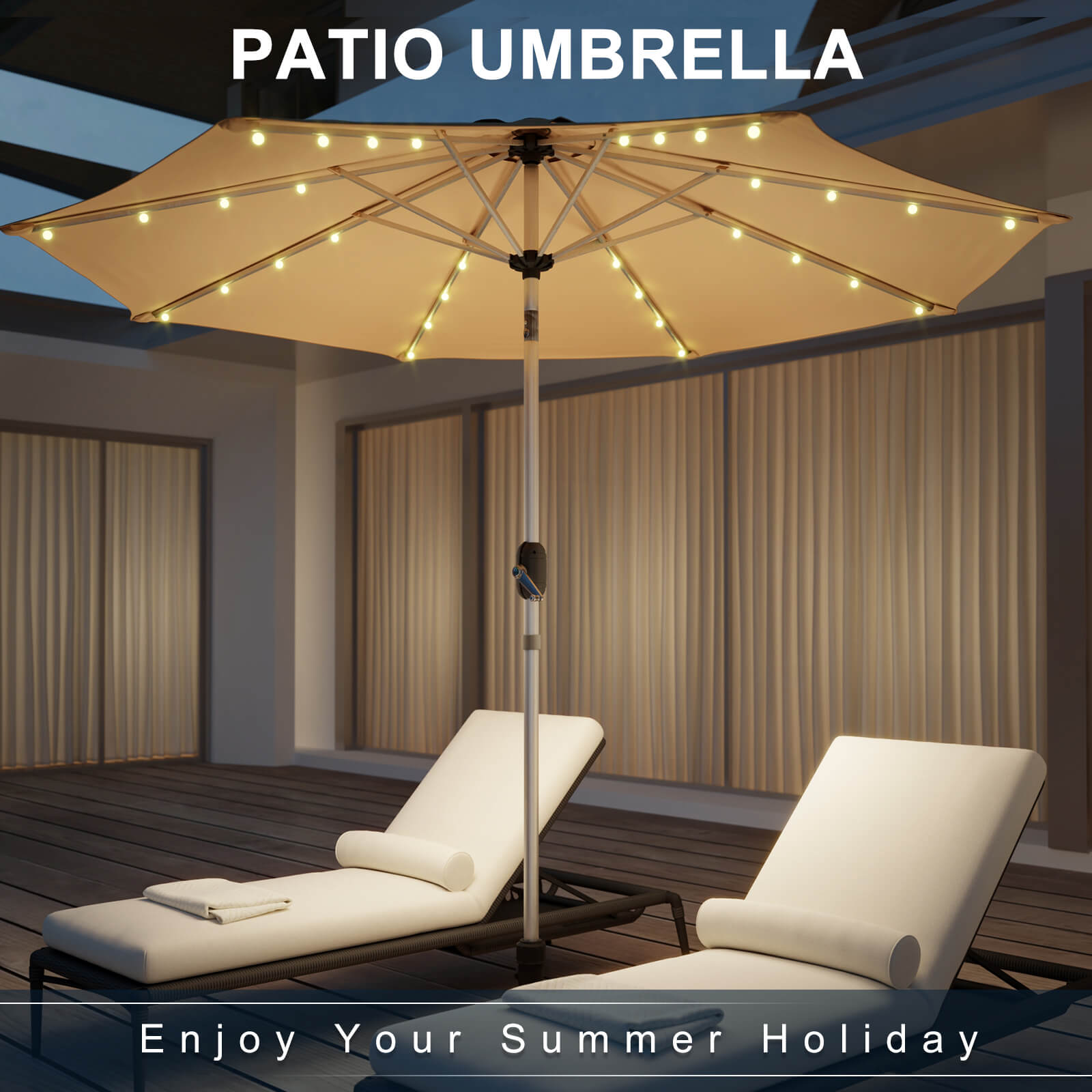 Homrest 9FT Solar Patio Umbrella, Fade-Resistant Outdoor Market Umbrella with Tilt, 8 Aluminum Ribs for Gardens,Beige