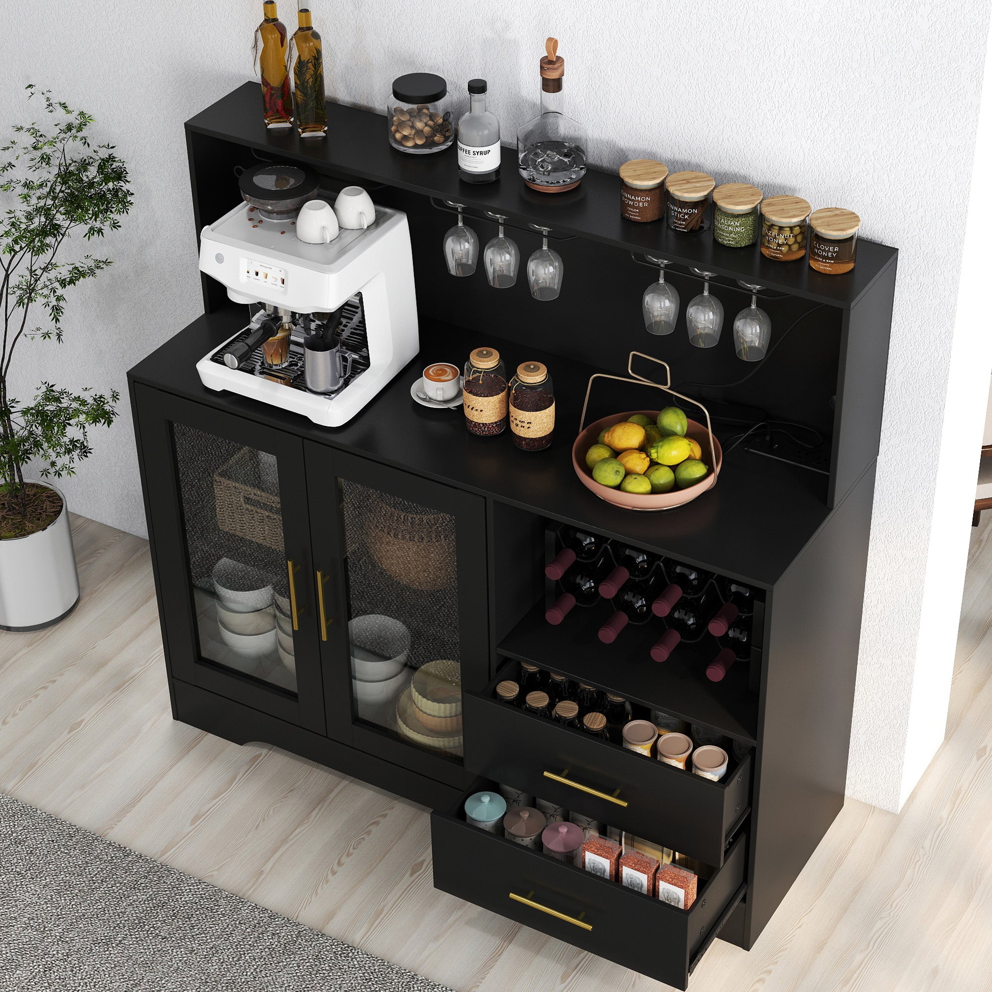 HOMREST Modern Wine Bar Cabinet With Led Lights, Coffee Bar With Wine Racks And Glass Holder, Charging Station,  Black