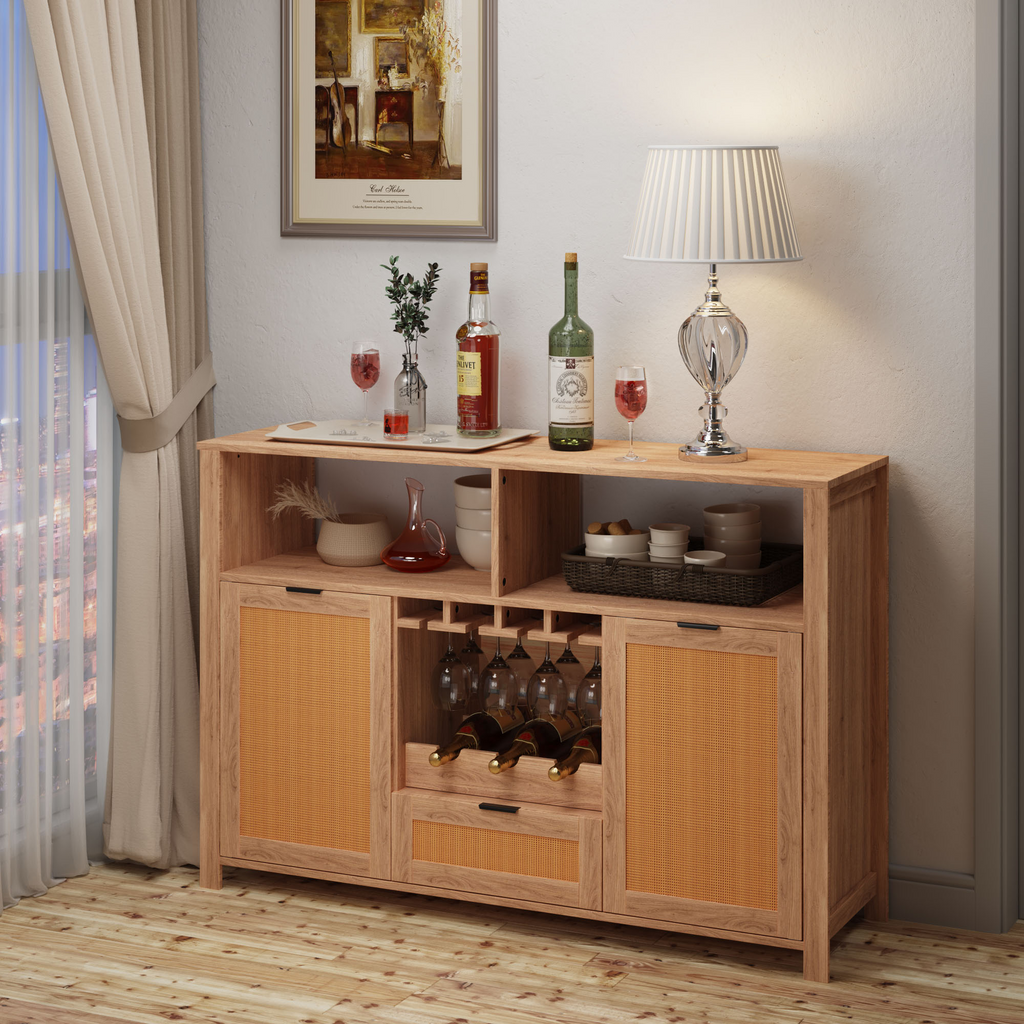 HOMREST Farmhouse Bar Cabinet with Storage, Wine Racks and Drawers for Dining Room and Living Room,Beige