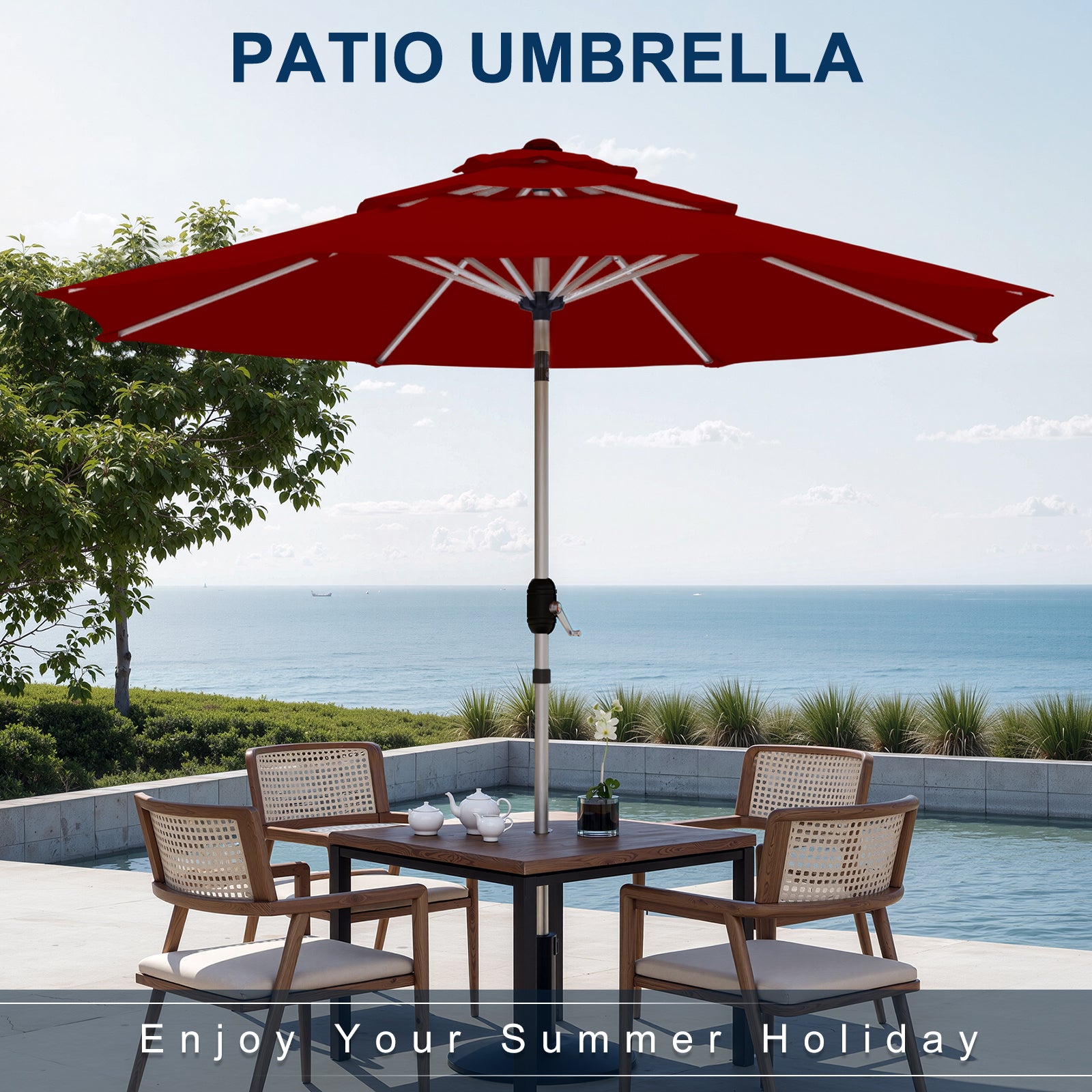 Homrest 9FT 3-Tier Aluminum Patio Umbrella, Fade-Resistant with Push Tilt, 8 Sturdy Aluminum Ribs,Burgundy