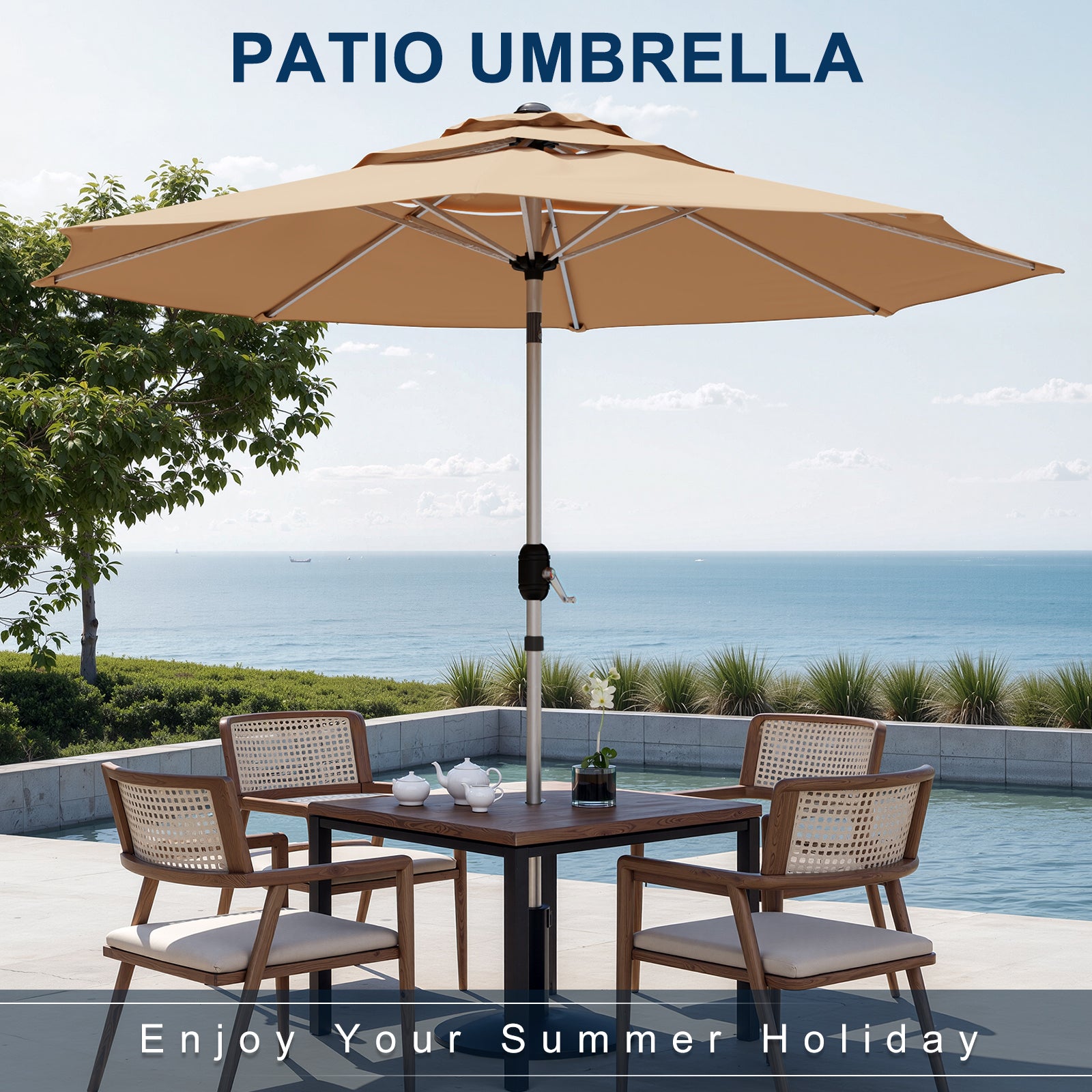 HOMREST 10FT 3-Tier Aluminum Outdoor Patio Umbrella with Push Button Tilt Function, Beige