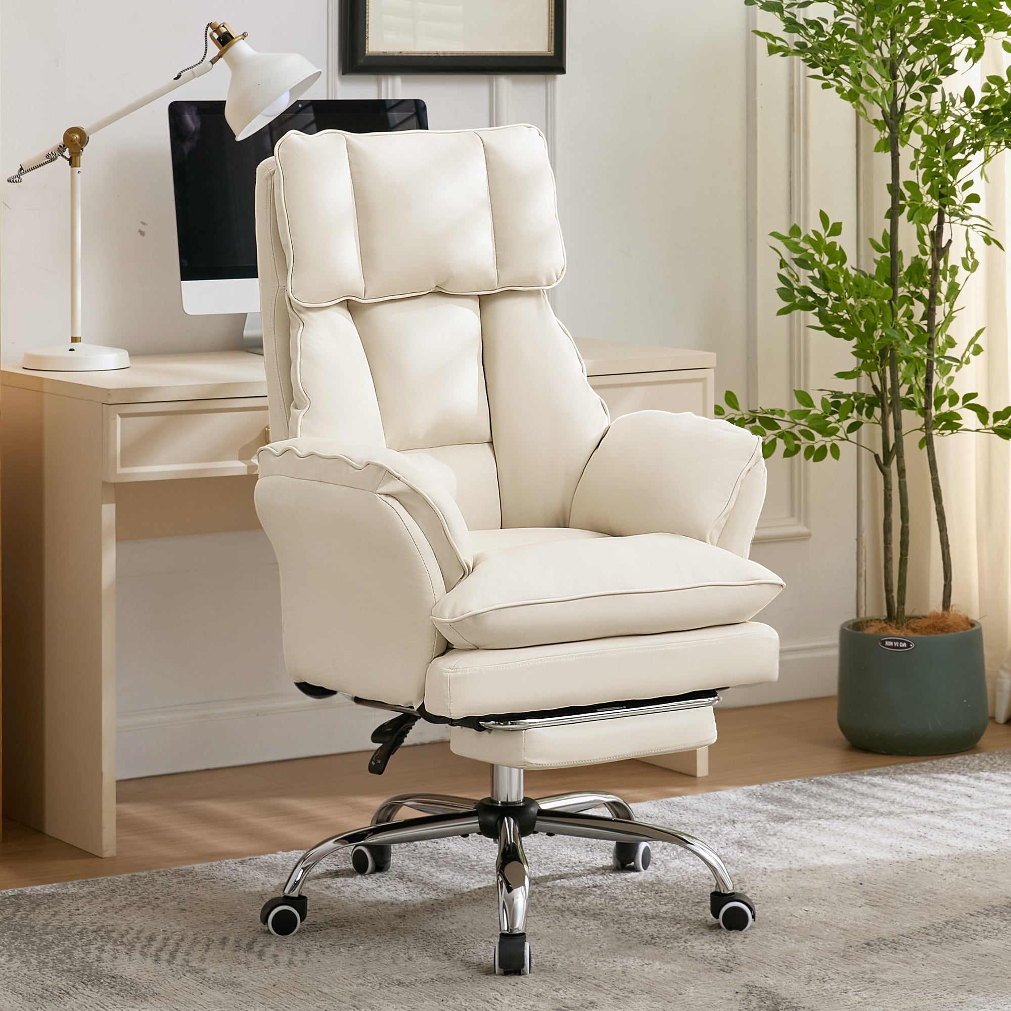 HOMREST Cloud Cross Legged Office Chair with Footrest,Leather Big and Tall Executive Ergonomic Chair,155° Reclining Computer Wide Desk Chair, Beige