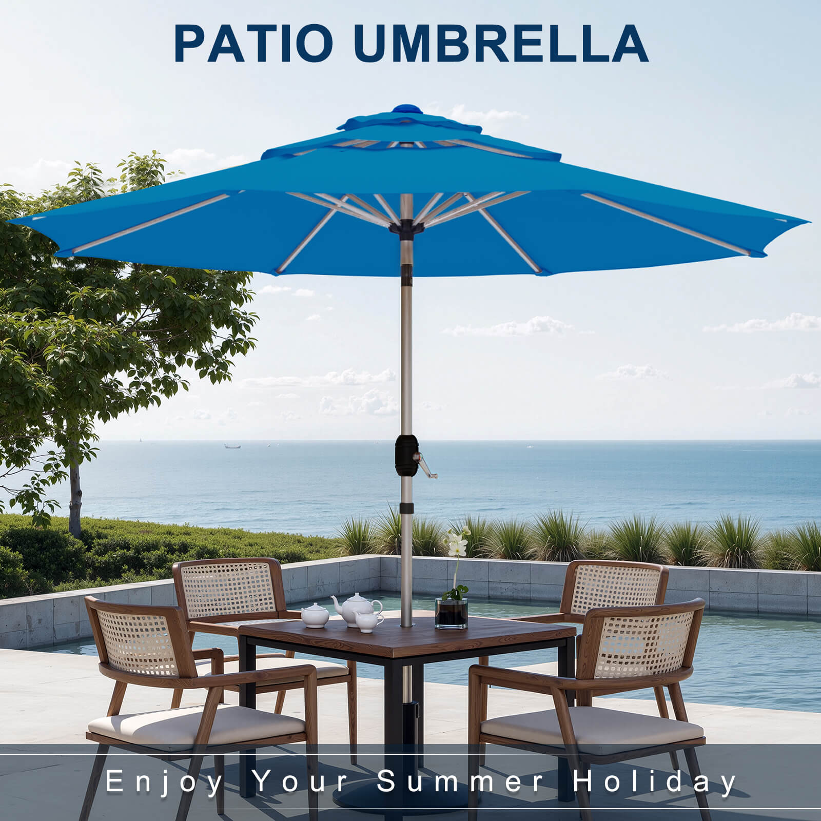 HOMREST 10FT 3-Tier Aluminum Outdoor Patio Umbrella with Push Button Tilt Function, Royal Blue