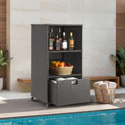 HOMREST Outdoor Pool Towel Rack with Storage Cabinet, Waterproof PE Rattan Wicker Poolside Towel Organizer with Shelves & Drawer, Rolling Wheels Towel Valet Caddy, Black
