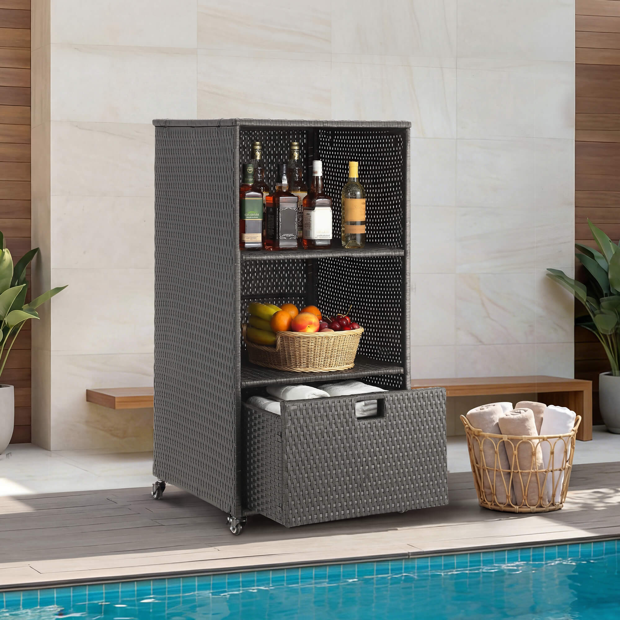 HOMREST Outdoor Pool Towel Rack with Storage Cabinet, Waterproof PE Rattan Wicker Poolside Towel Organizer with Shelves & Drawer, Rolling Wheels Towel Valet Caddy, Black