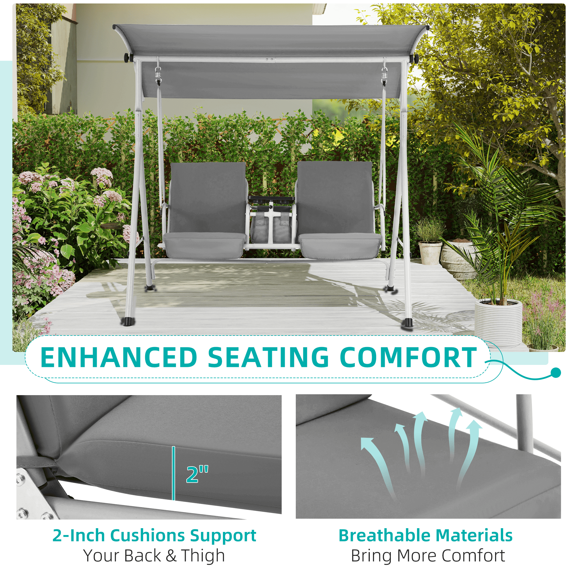 Homrest 2 Seat Outdoor Porch Swing with Adjustable Canopy, Gray